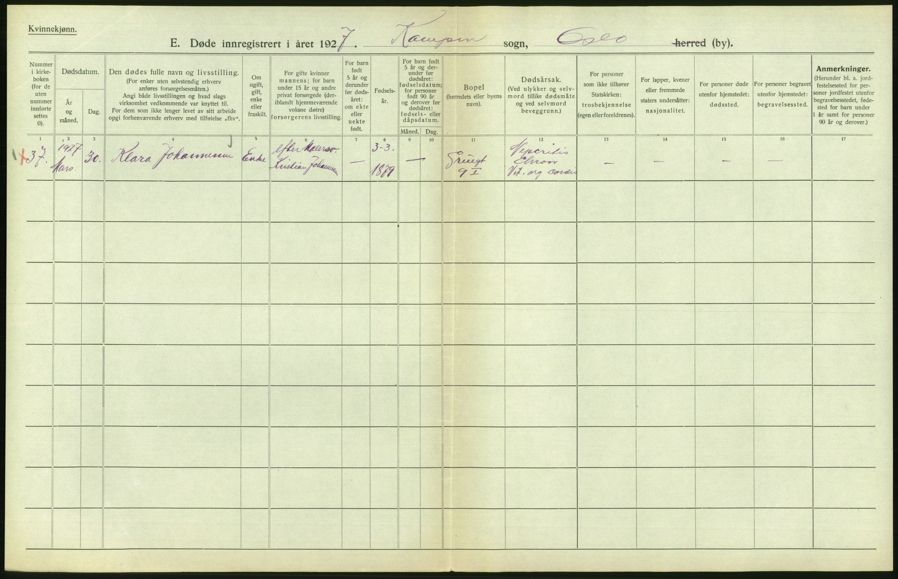 Statistisk sentralbyrå, Sosiodemografiske emner, Befolkning, AV/RA-S-2228/D/Df/Dfc/Dfcg/L0010: Oslo: Døde kvinner, dødfødte, 1927, p. 544