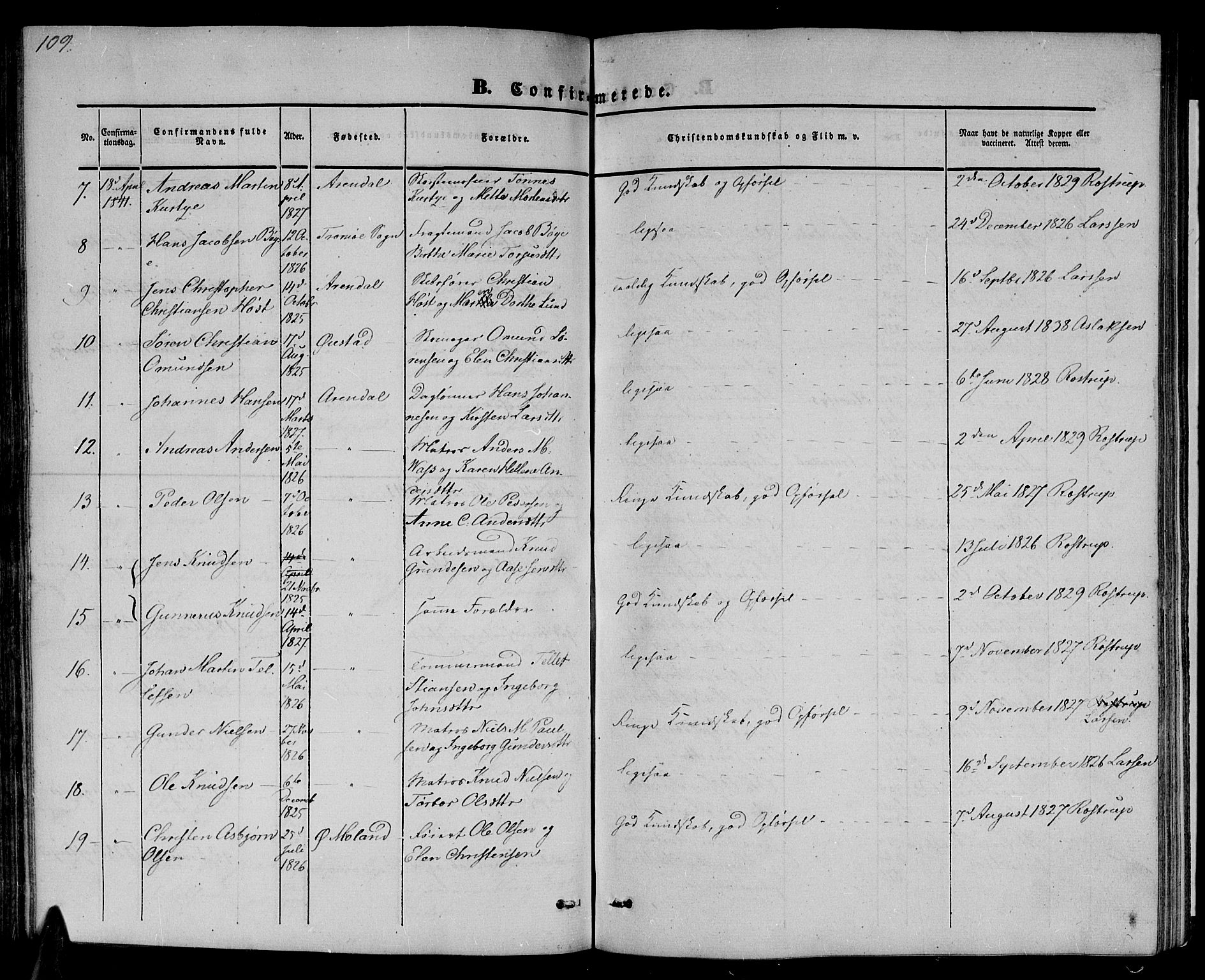 Arendal sokneprestkontor, Trefoldighet, AV/SAK-1111-0040/F/Fb/L0002: Parish register (copy) no. B 2, 1838-1860, p. 109