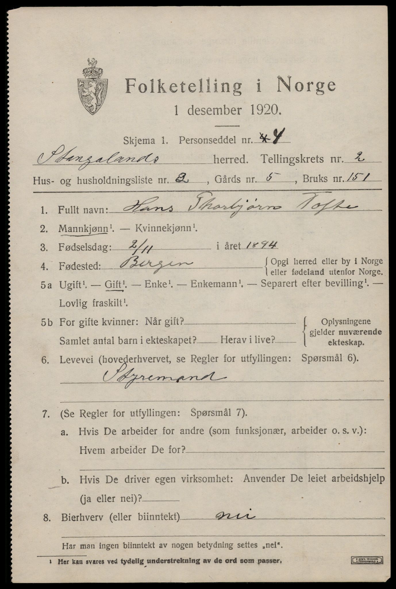 SAST, 1920 census for Stangaland, 1920, p. 1215