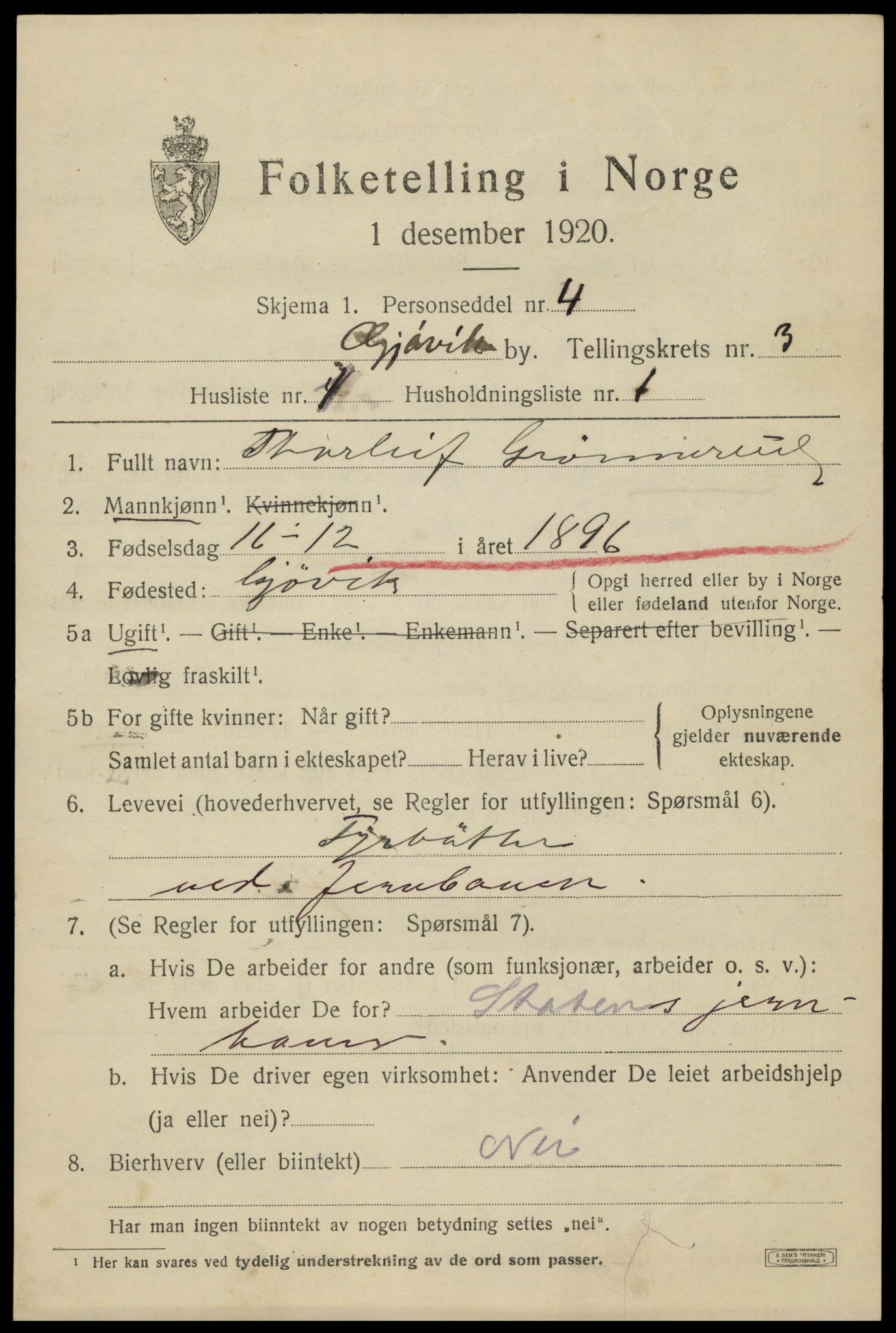 SAH, 1920 census for Gjøvik, 1920, p. 5952