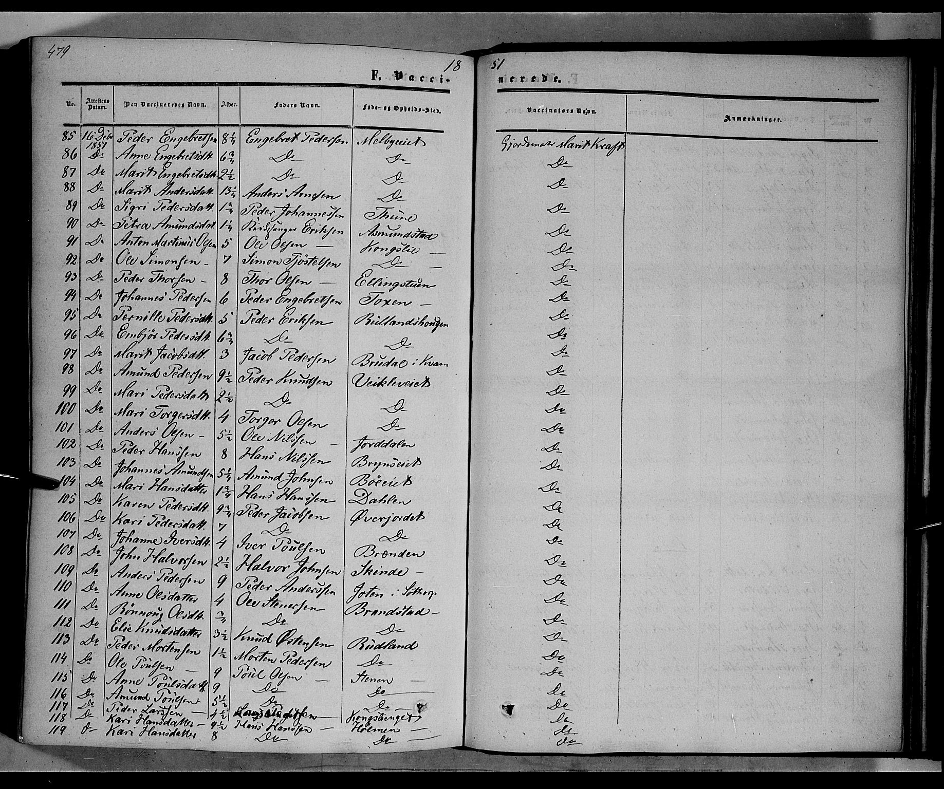 Nord-Fron prestekontor, SAH/PREST-080/H/Ha/Haa/L0001: Parish register (official) no. 1, 1851-1864, p. 479