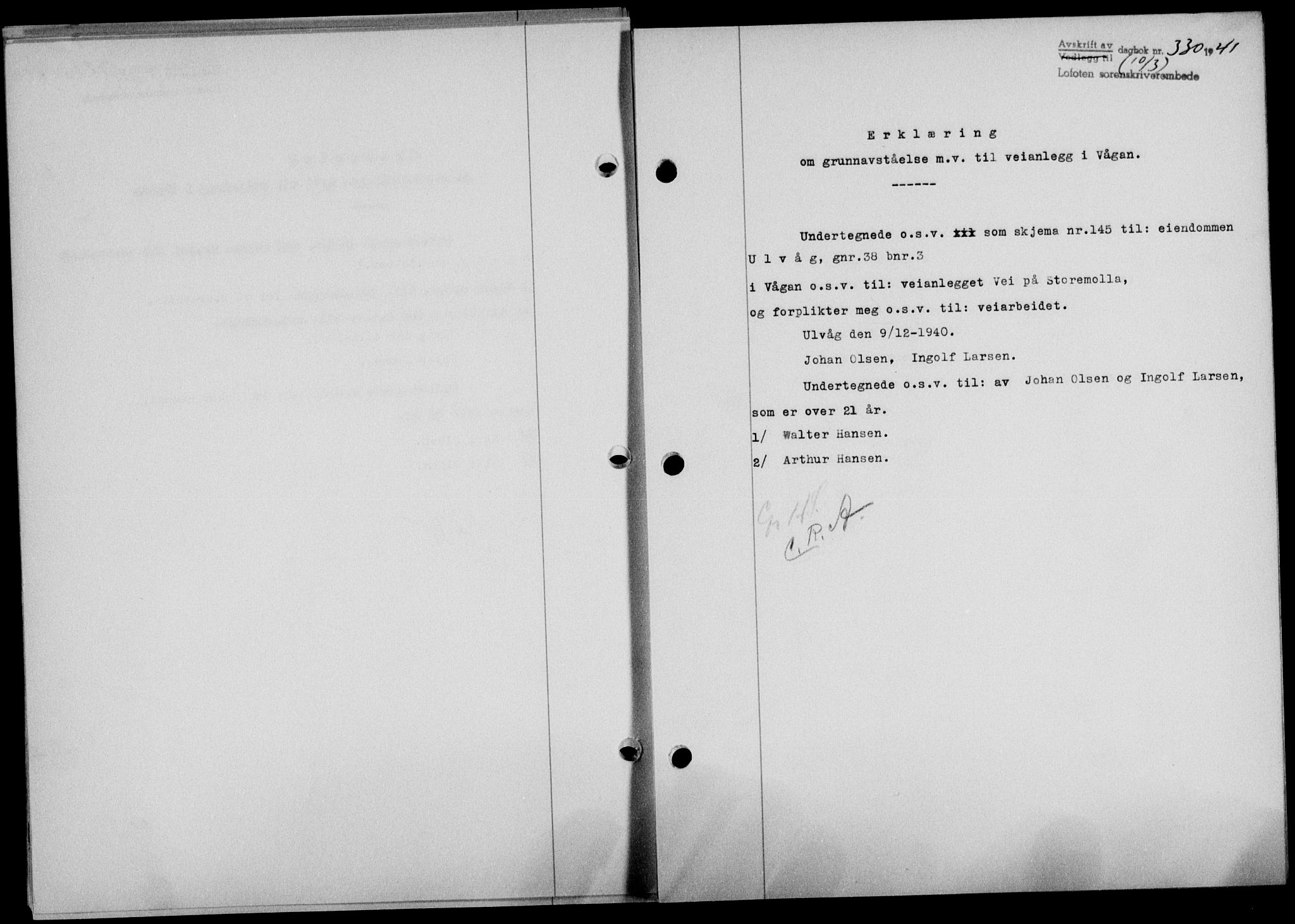 Lofoten sorenskriveri, SAT/A-0017/1/2/2C/L0008a: Mortgage book no. 8a, 1940-1941, Diary no: : 330/1941