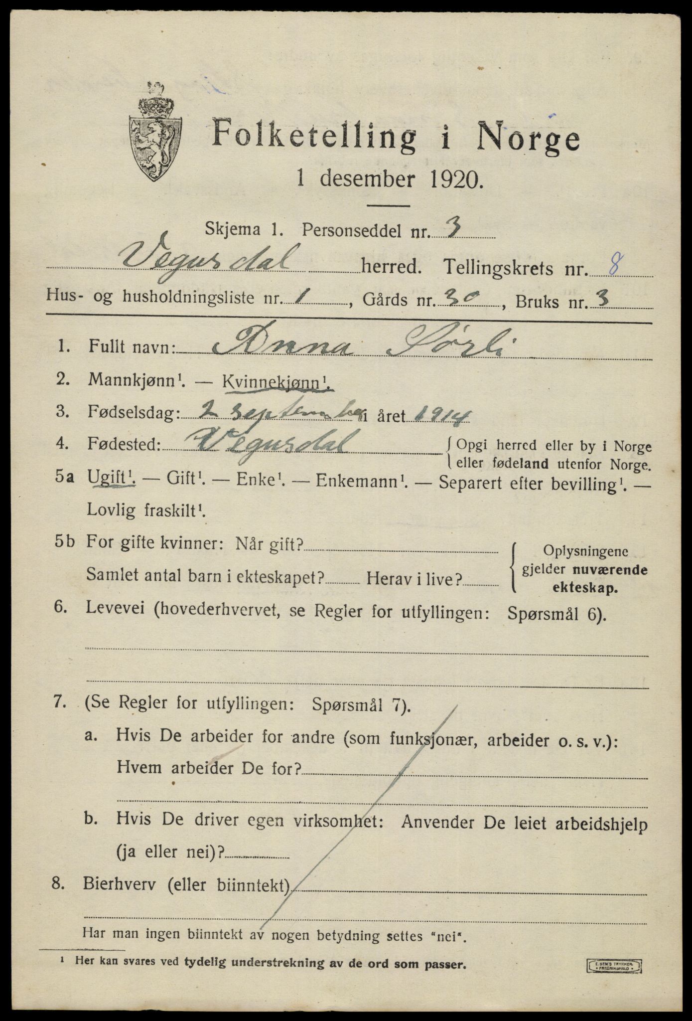 SAK, 1920 census for Vegusdal, 1920, p. 1789