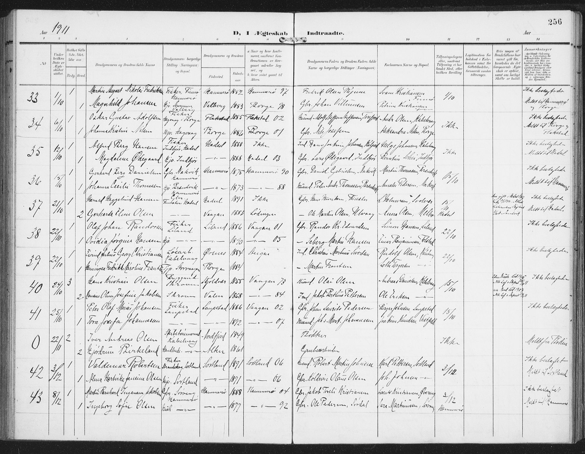 Ministerialprotokoller, klokkerbøker og fødselsregistre - Nordland, AV/SAT-A-1459/874/L1063: Parish register (official) no. 874A07, 1907-1915, p. 256