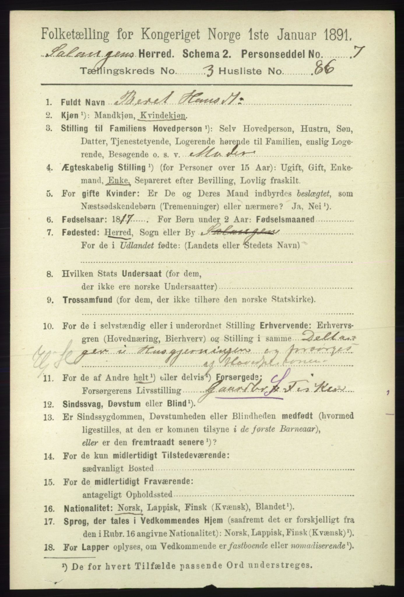 RA, 1891 census for 1921 Salangen, 1891, p. 1719