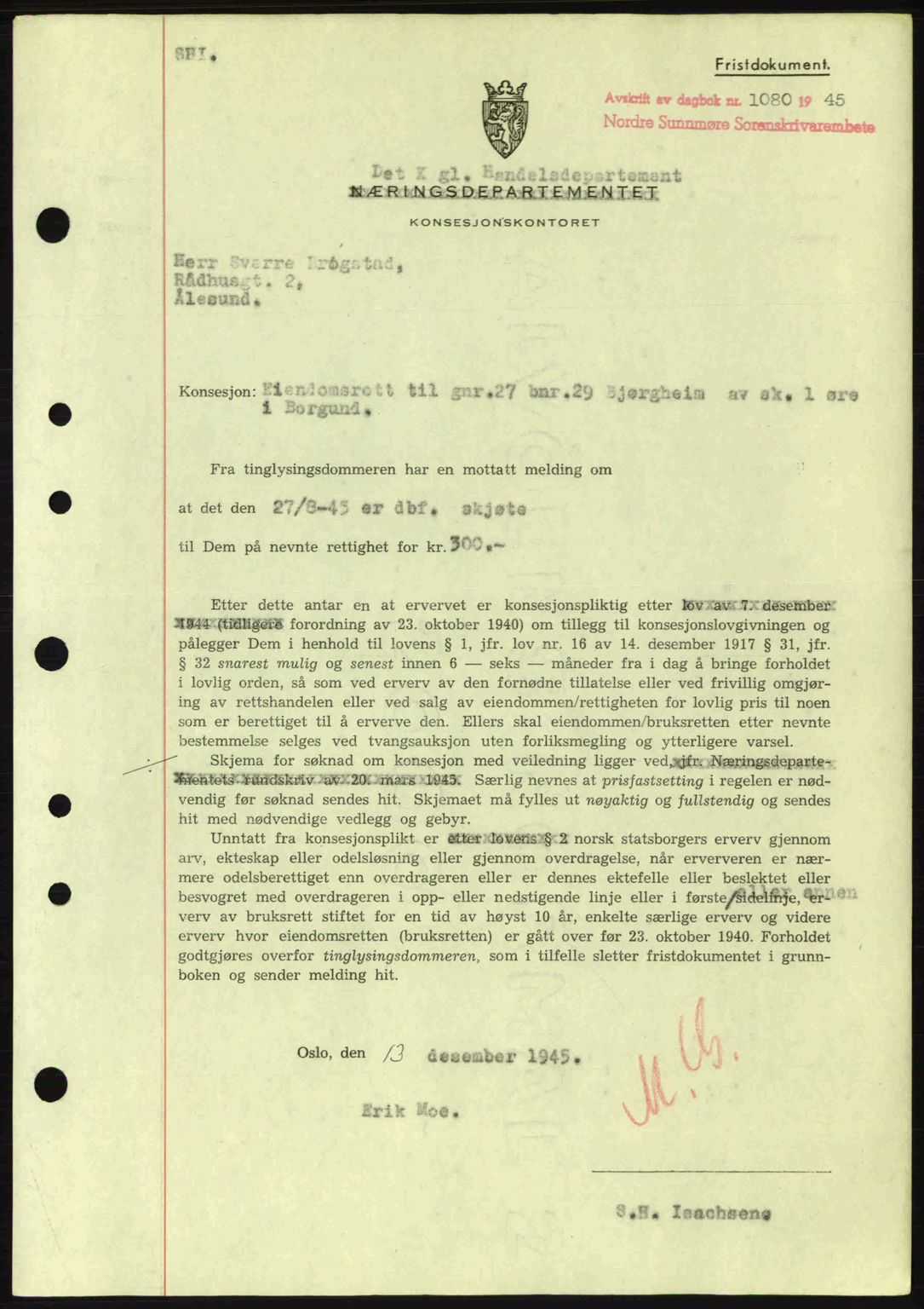 Nordre Sunnmøre sorenskriveri, SAT/A-0006/1/2/2C/2Ca: Mortgage book no. B6-14 a, 1942-1945, Diary no: : 1080/1945