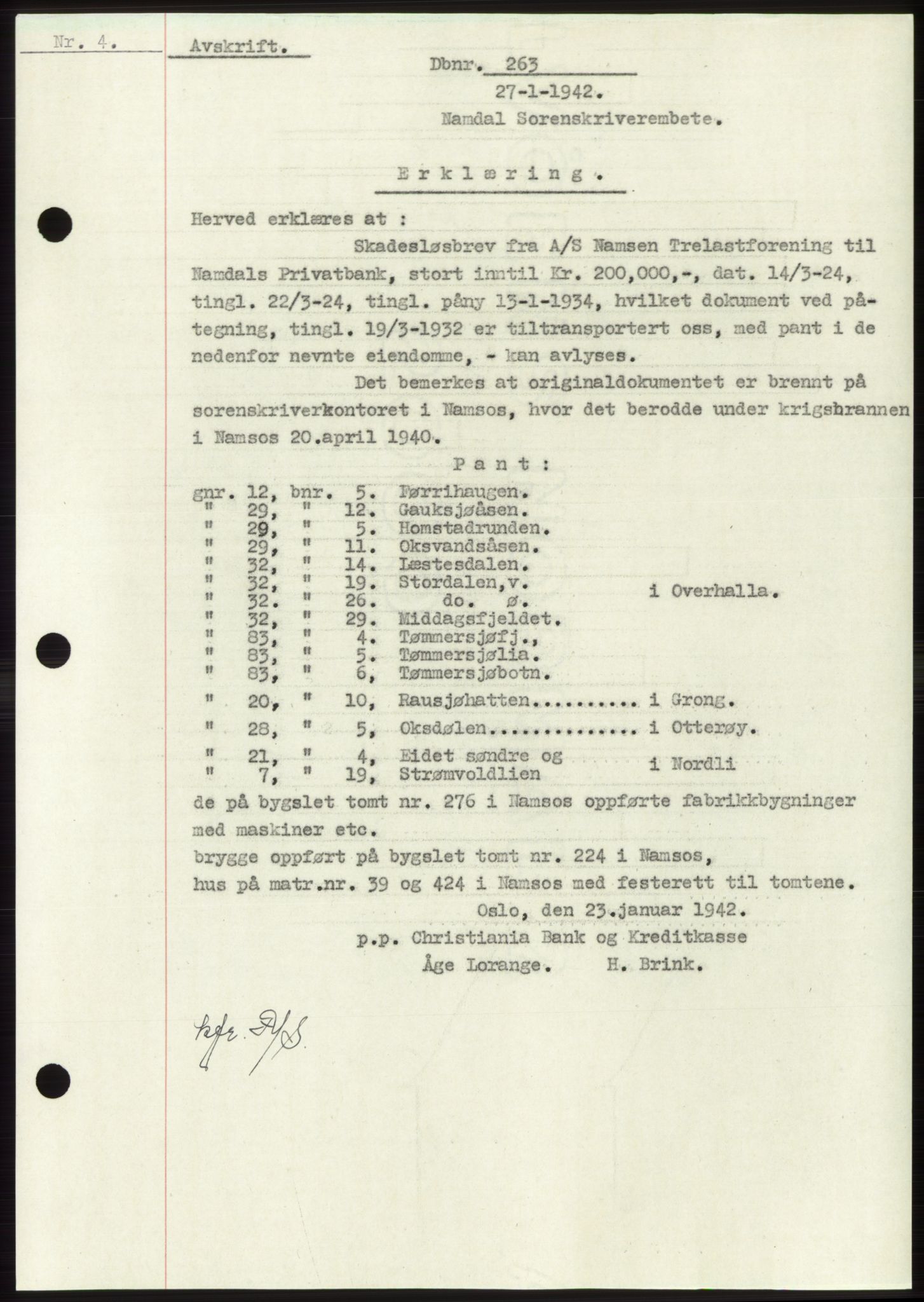 Namdal sorenskriveri, SAT/A-4133/1/2/2C: Mortgage book no. -, 1941-1942, Diary no: : 263/1942