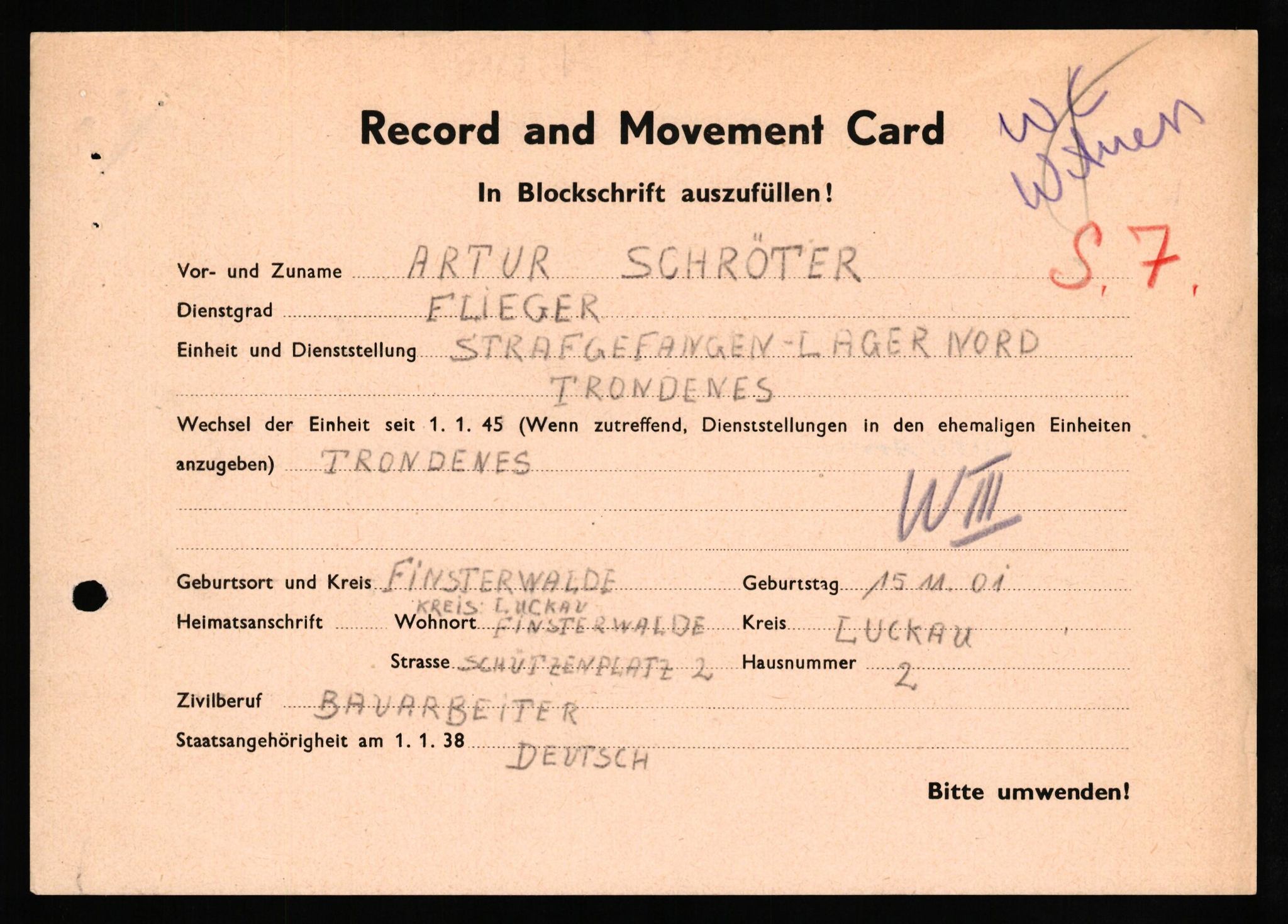 Forsvaret, Forsvarets overkommando II, AV/RA-RAFA-3915/D/Db/L0030: CI Questionaires. Tyske okkupasjonsstyrker i Norge. Tyskere., 1945-1946, p. 294