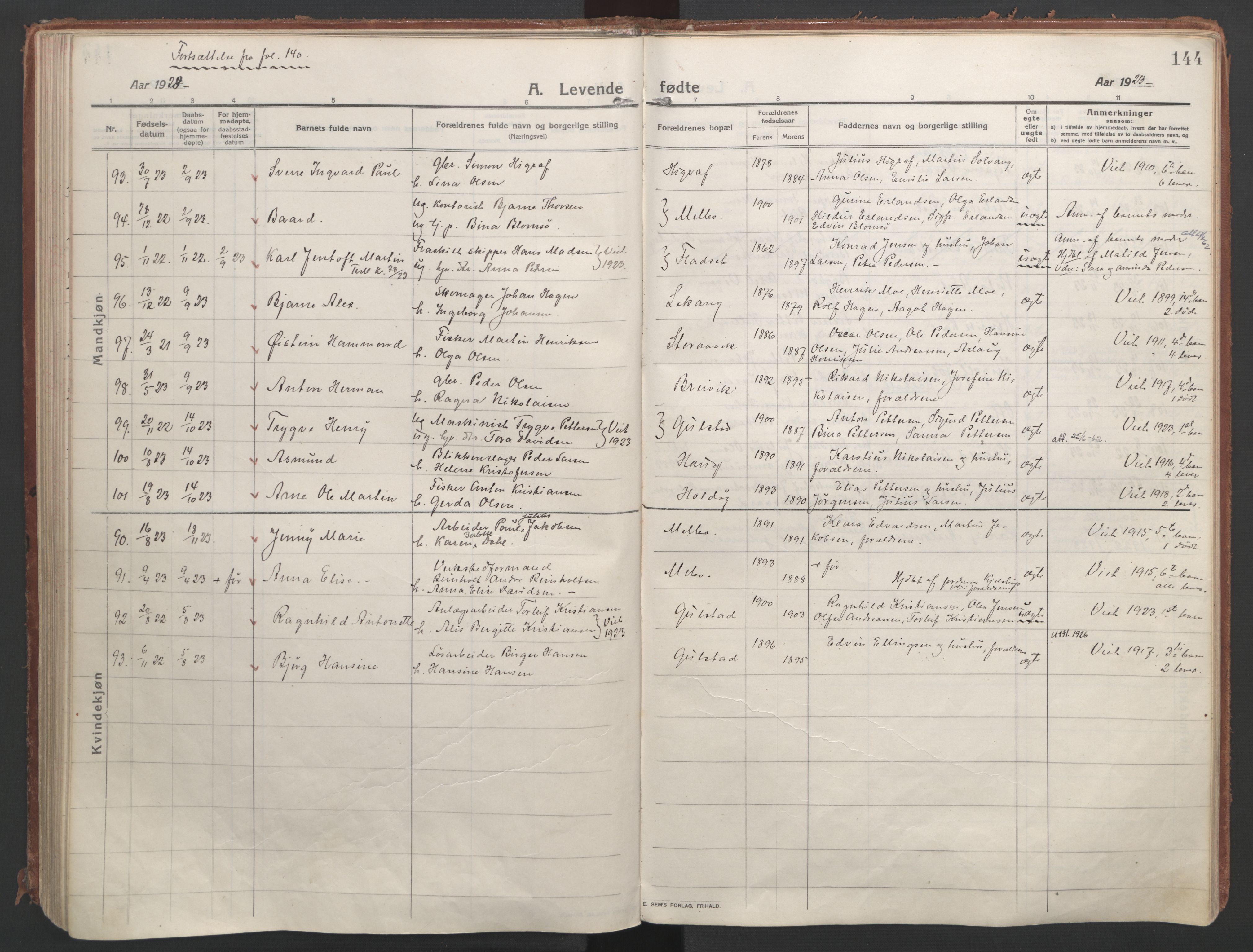 Ministerialprotokoller, klokkerbøker og fødselsregistre - Nordland, AV/SAT-A-1459/888/L1250: Parish register (official) no. 888A16, 1913-1925, p. 144