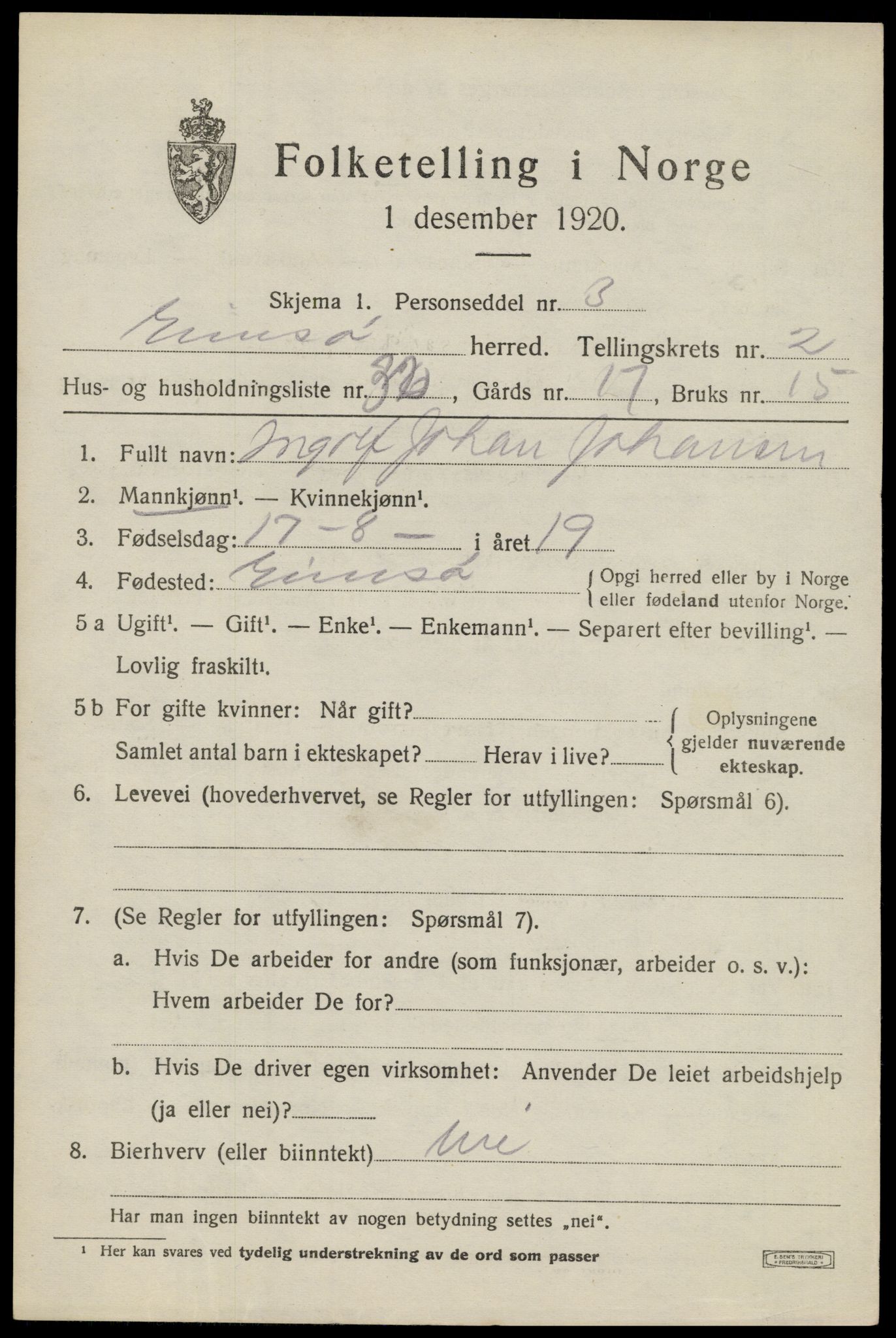 SAT, 1920 census for Gimsøy, 1920, p. 1649