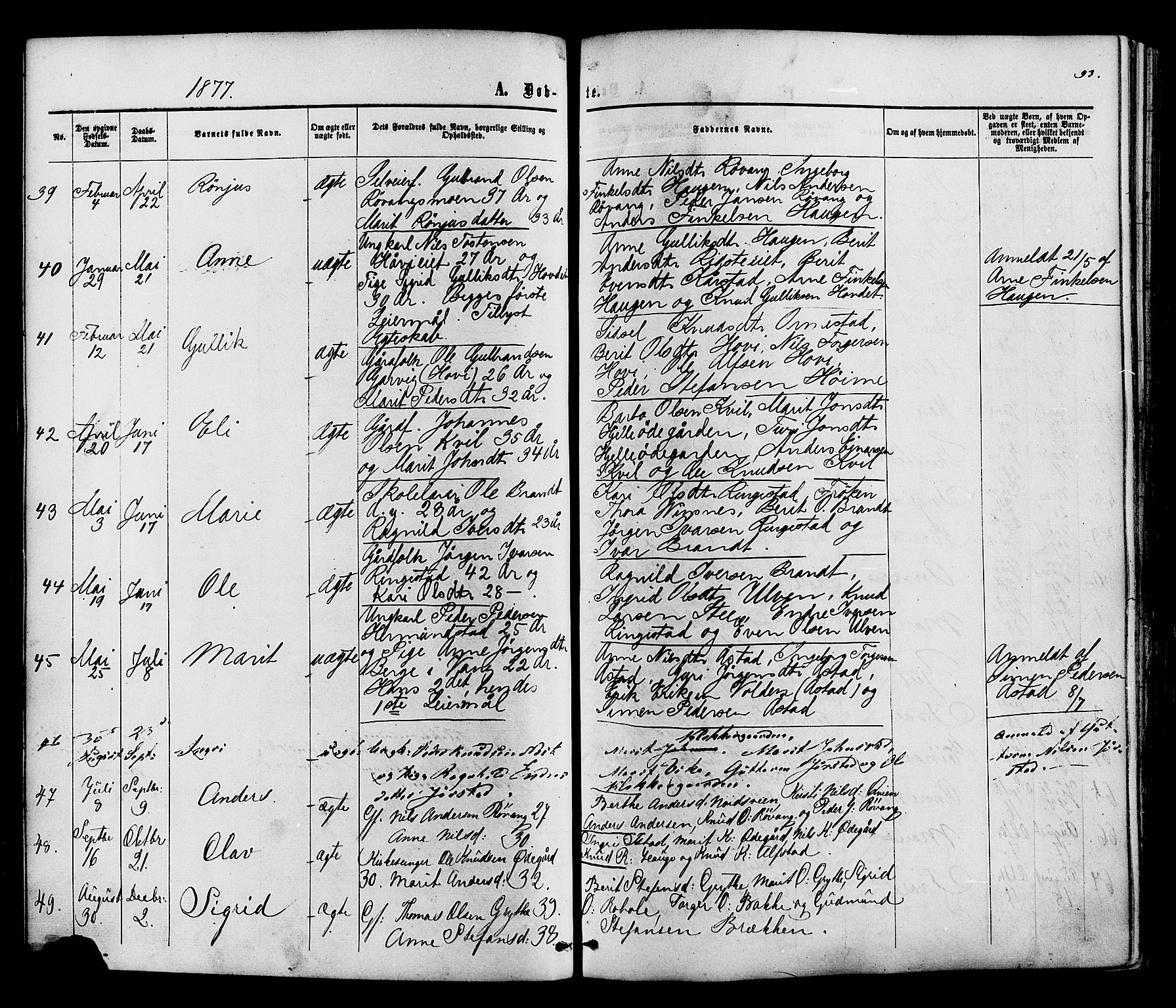 Vestre Slidre prestekontor, SAH/PREST-136/H/Ha/Haa/L0003: Parish register (official) no. 3, 1865-1880, p. 93