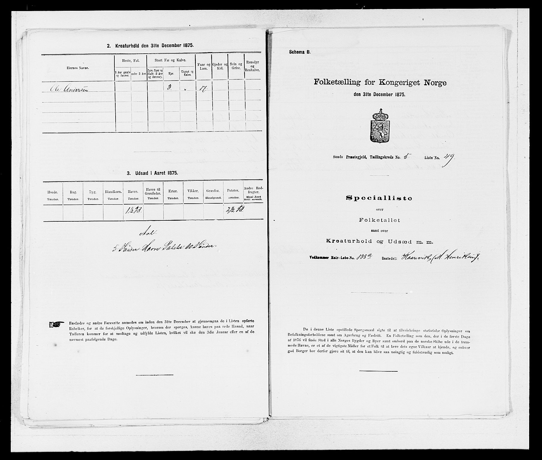 SAB, 1875 census for 1245P Sund, 1875, p. 565