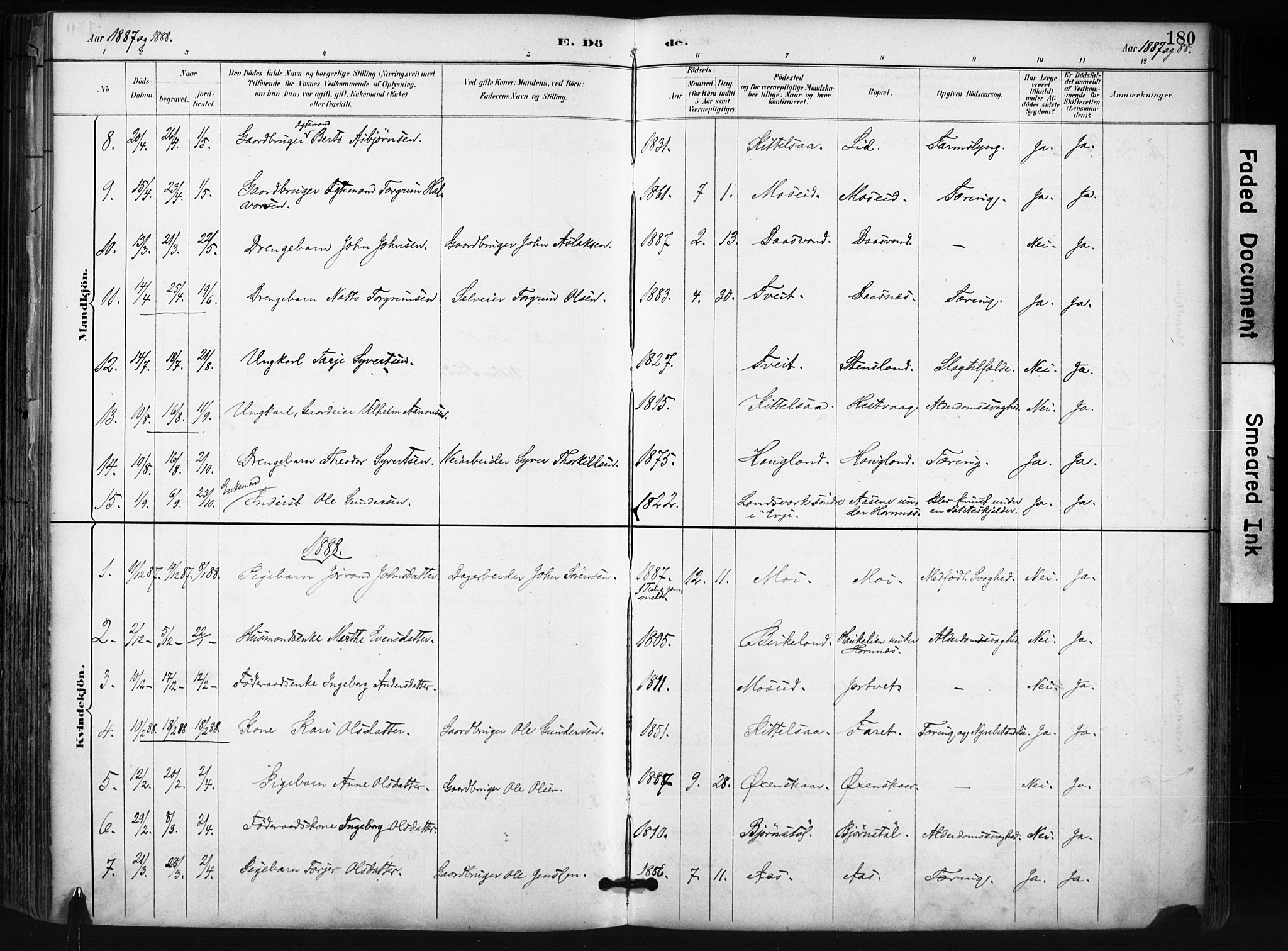 Evje sokneprestkontor, SAK/1111-0008/F/Fa/Fab/L0003: Parish register (official) no. A 3, 1884-1909, p. 180