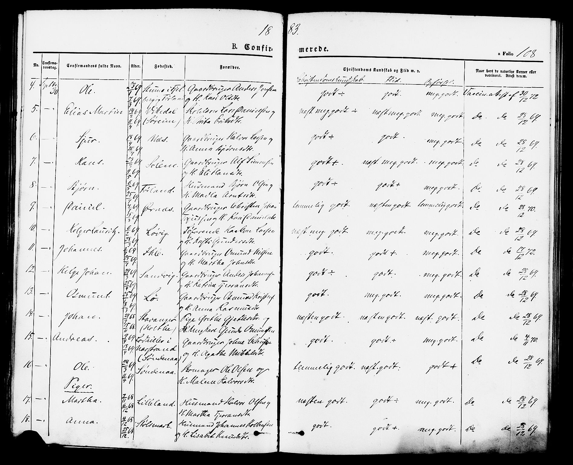 Vikedal sokneprestkontor, AV/SAST-A-101840/01/IV: Parish register (official) no. A 7, 1868-1883, p. 108