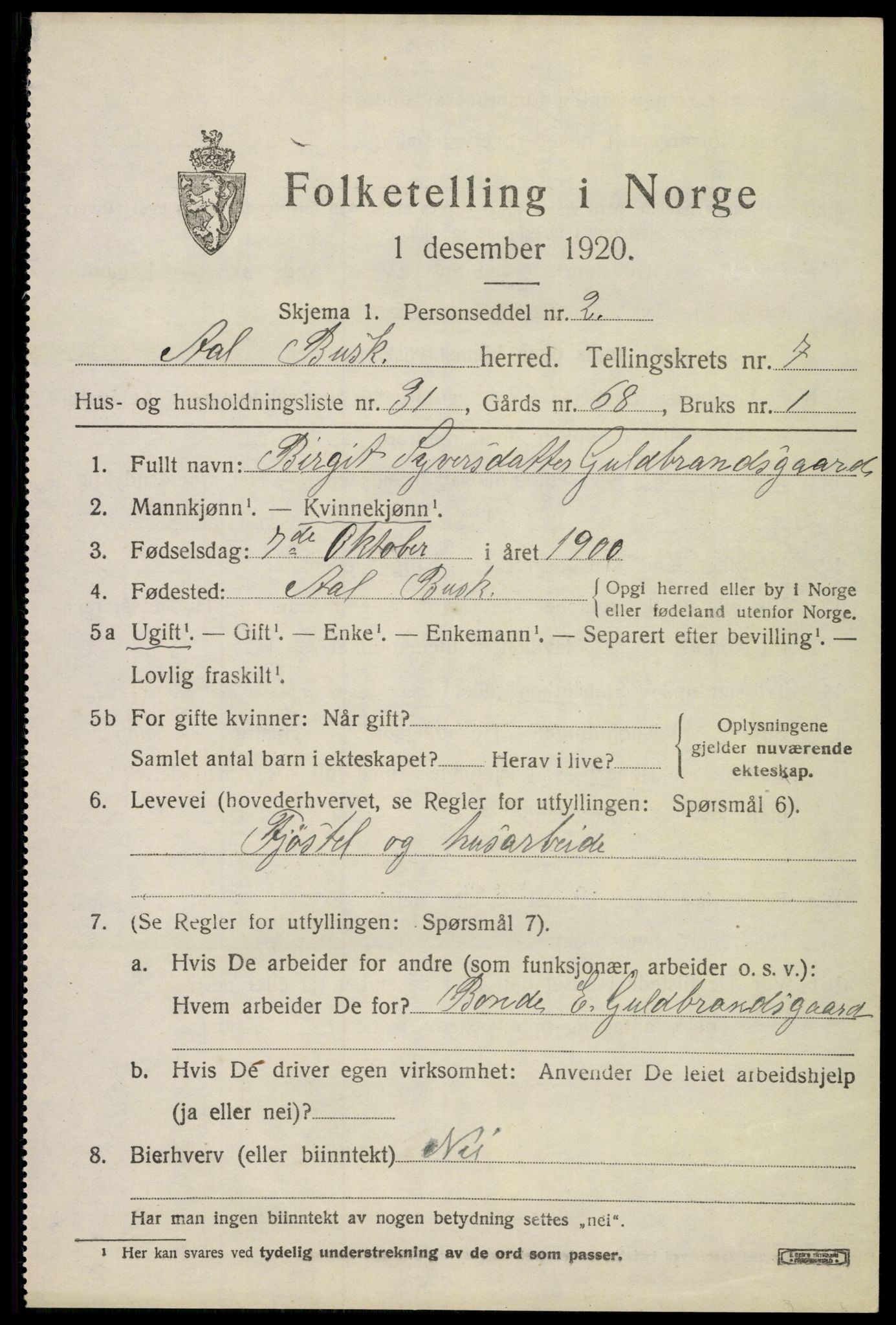 SAKO, 1920 census for Ål, 1920, p. 5124