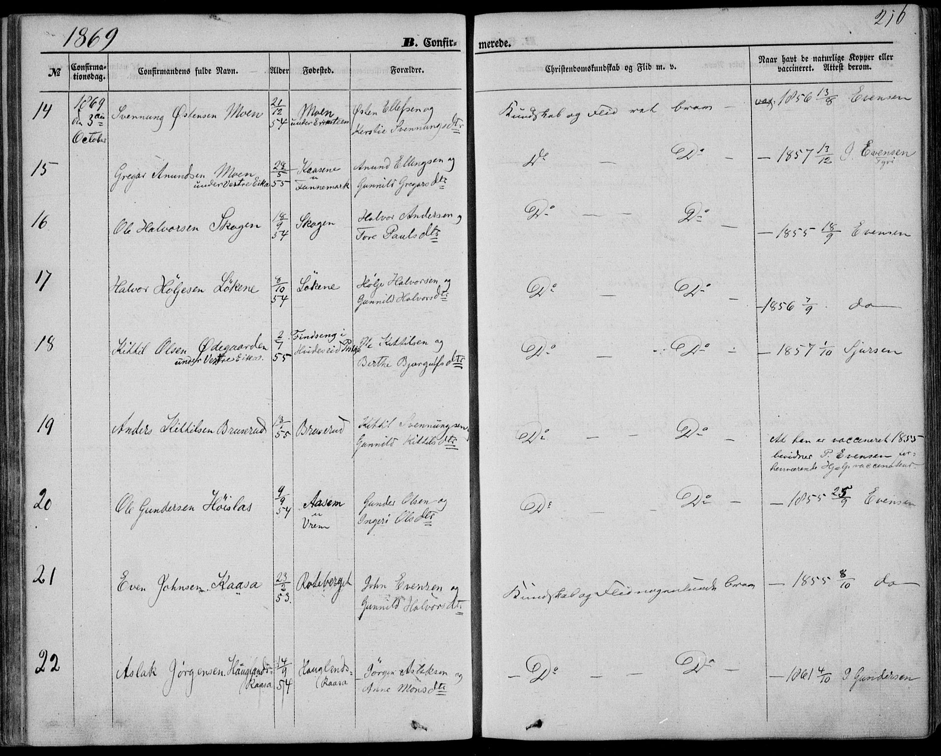 Bø kirkebøker, SAKO/A-257/F/Fa/L0009: Parish register (official) no. 9, 1862-1879, p. 216