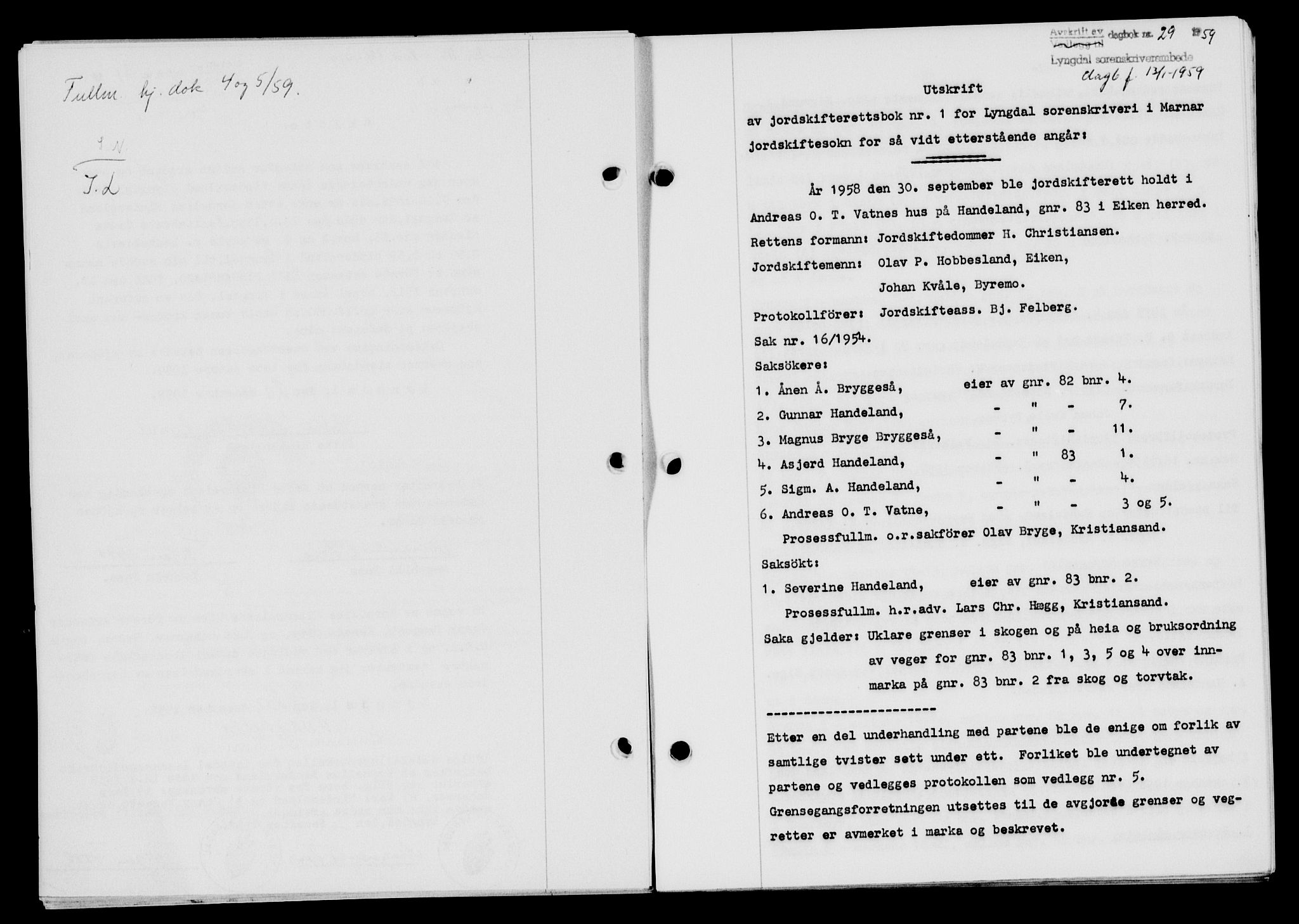 Lyngdal sorenskriveri, AV/SAK-1221-0004/G/Gb/L0678: Mortgage book no. A XXIV, 1958-1959, Diary no: : 29/1959