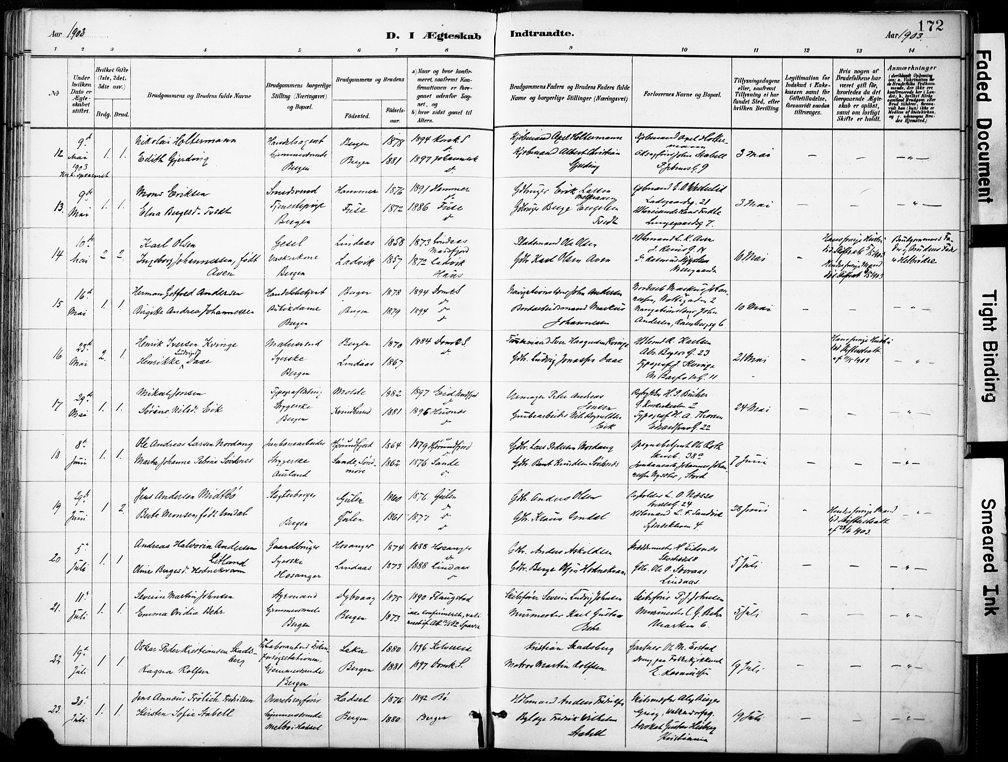 Domkirken sokneprestembete, AV/SAB-A-74801/H/Haa/L0037: Parish register (official) no. D 4, 1880-1907, p. 172