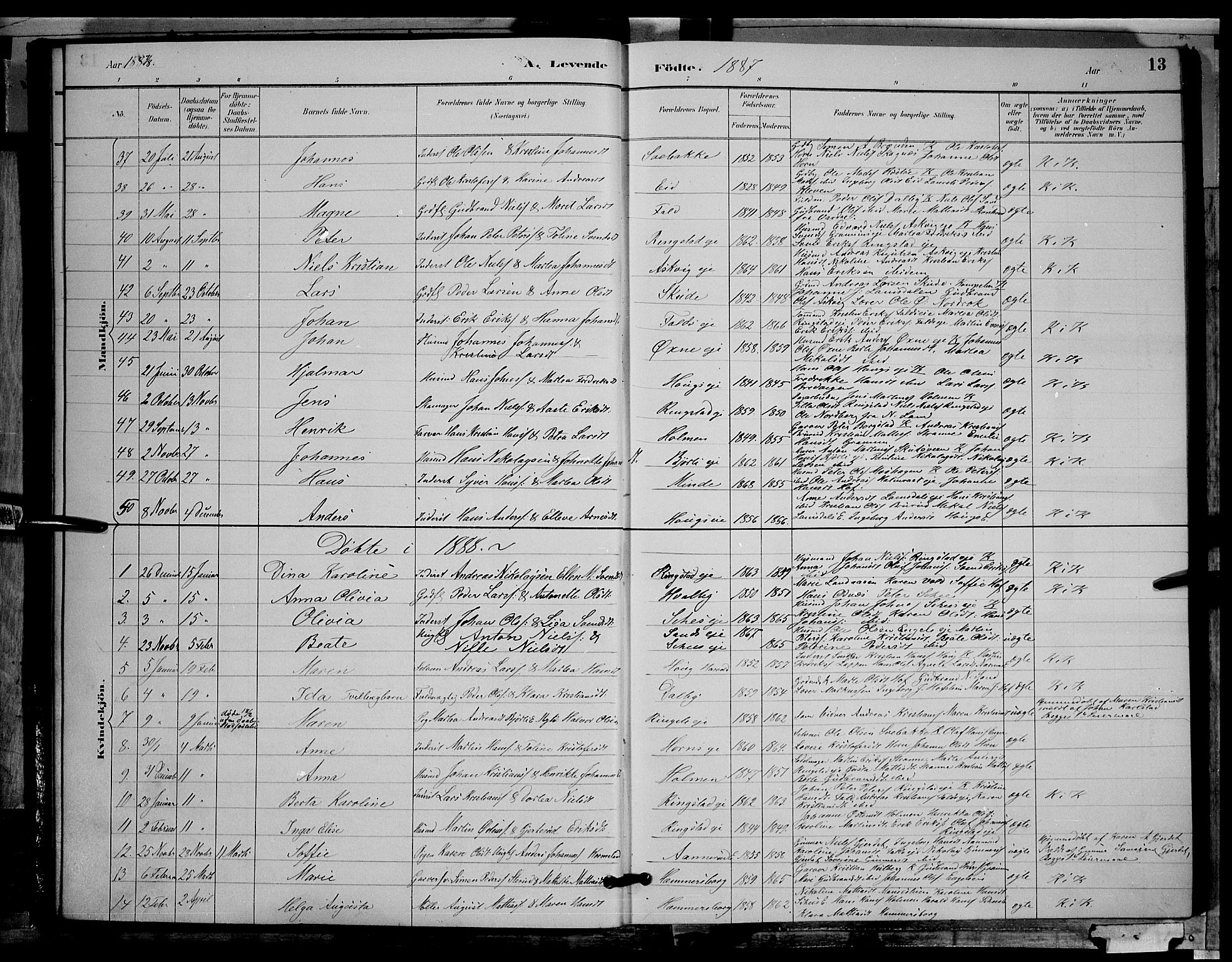 Søndre Land prestekontor, AV/SAH-PREST-122/L/L0002: Parish register (copy) no. 2, 1884-1900, p. 13