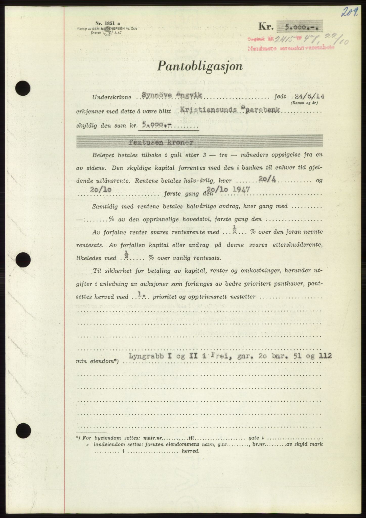 Nordmøre sorenskriveri, AV/SAT-A-4132/1/2/2Ca: Mortgage book no. B97, 1947-1948, Diary no: : 2415/1947