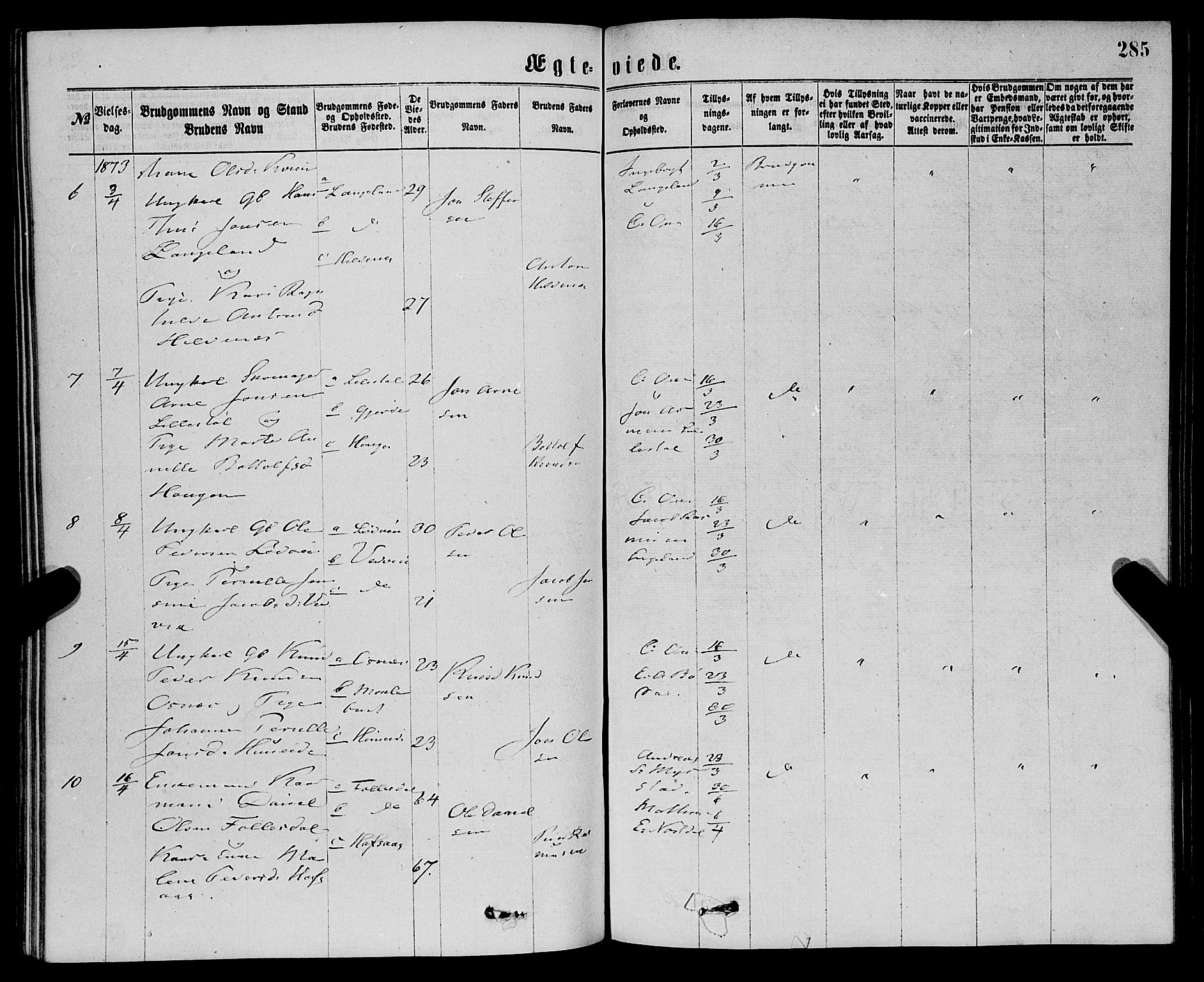 Eid sokneprestembete, AV/SAB-A-82301/H/Haa/Haaa/L0010: Parish register (official) no. A 10, 1867-1878, p. 285