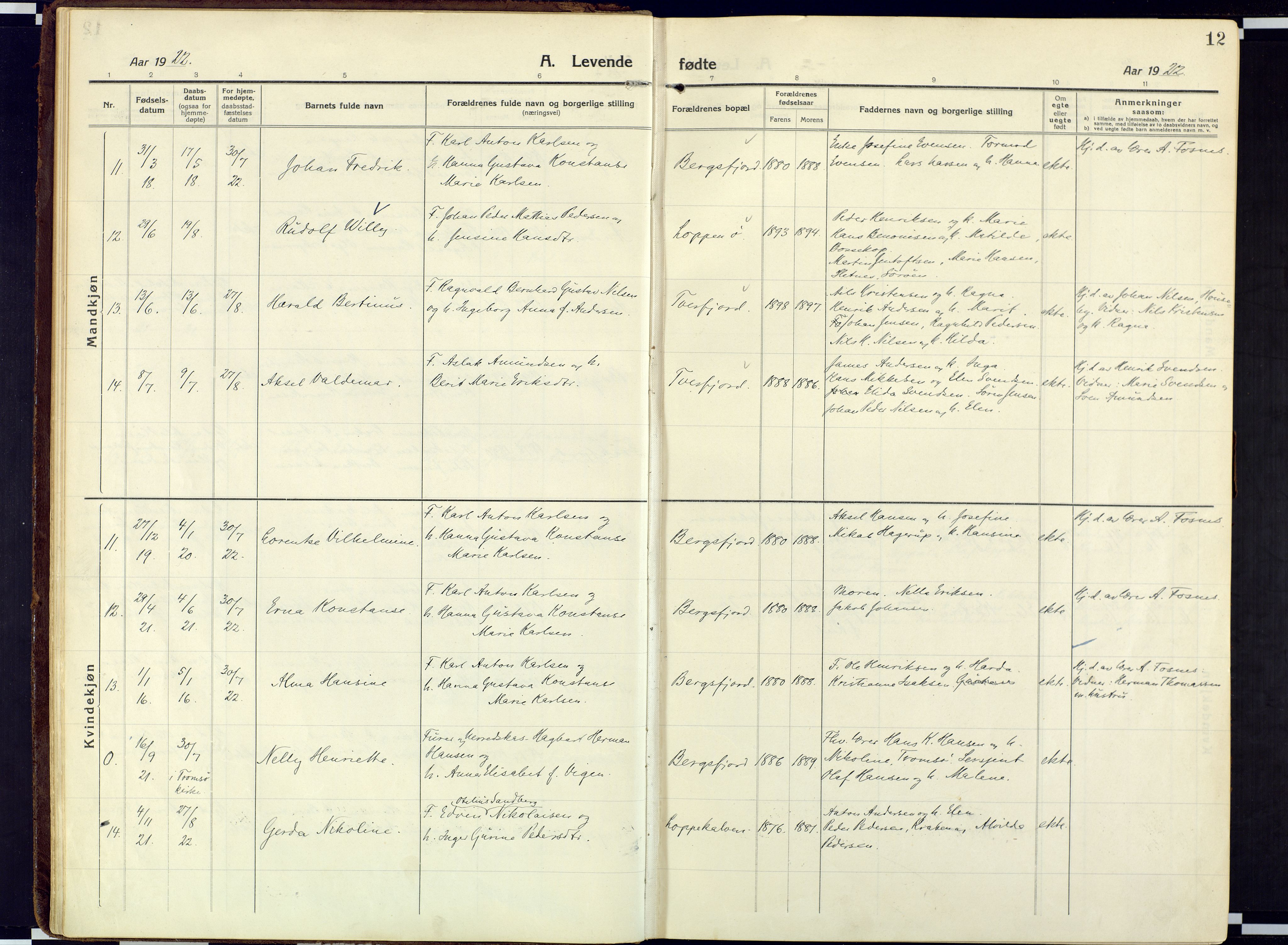 Loppa sokneprestkontor, SATØ/S-1339/H/Ha/L0013kirke: Parish register (official) no. 13, 1920-1932, p. 12