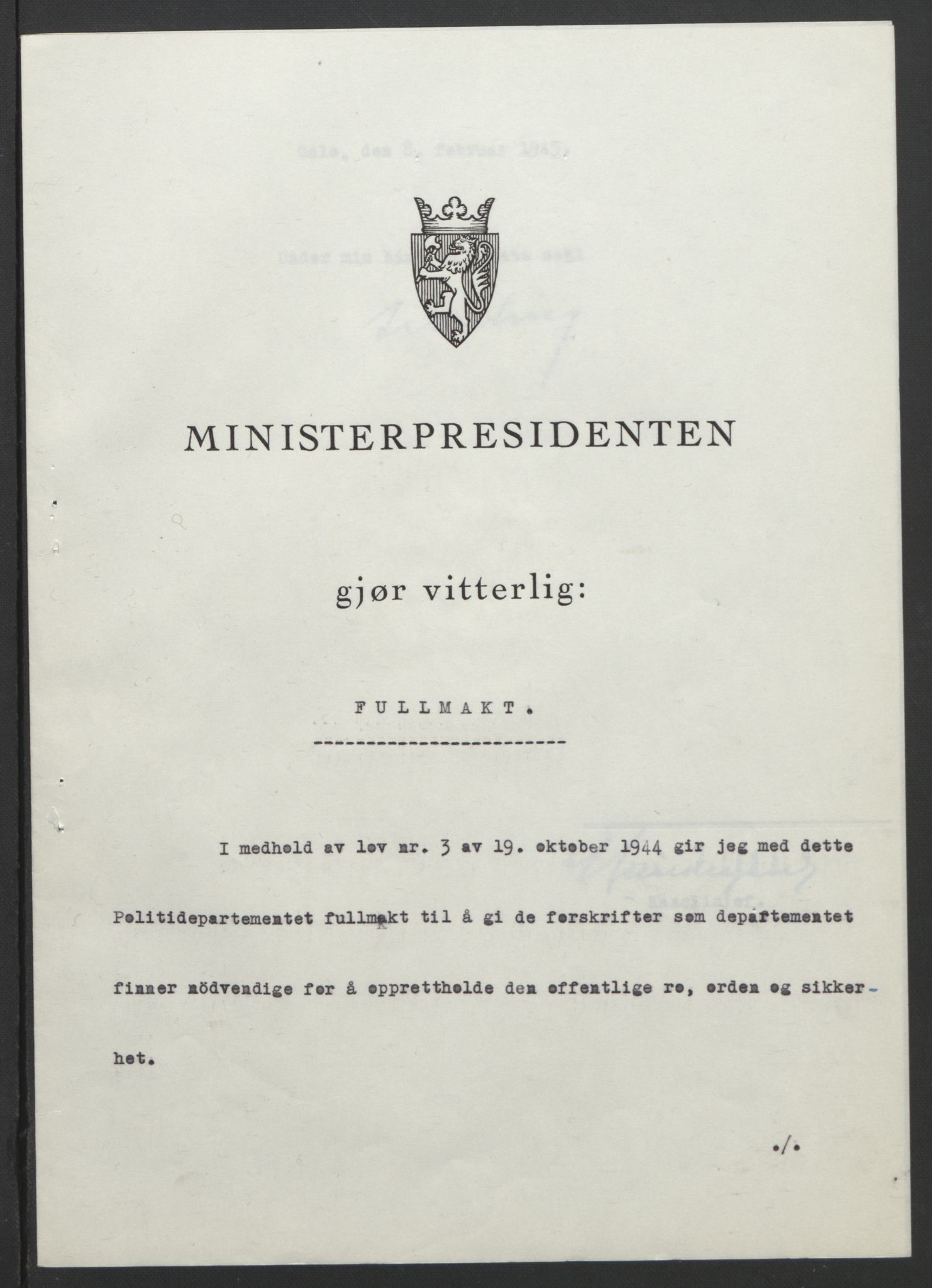 NS-administrasjonen 1940-1945 (Statsrådsekretariatet, de kommisariske statsråder mm), AV/RA-S-4279/D/Db/L0101/0001: -- / Lover og vedtak, 1945, p. 190