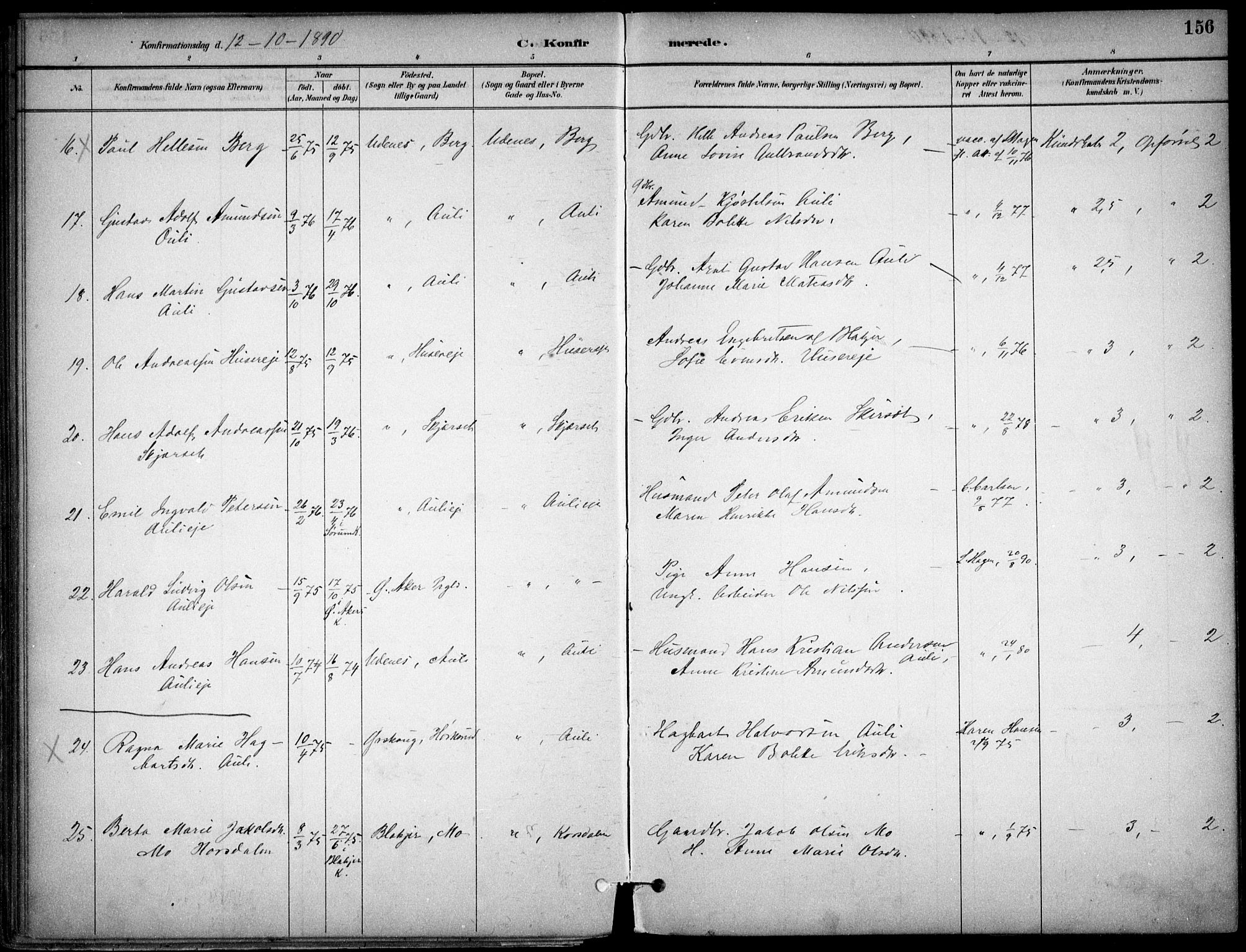 Nes prestekontor Kirkebøker, AV/SAO-A-10410/F/Fc/L0002: Parish register (official) no. IIi 2, 1882-1916, p. 156