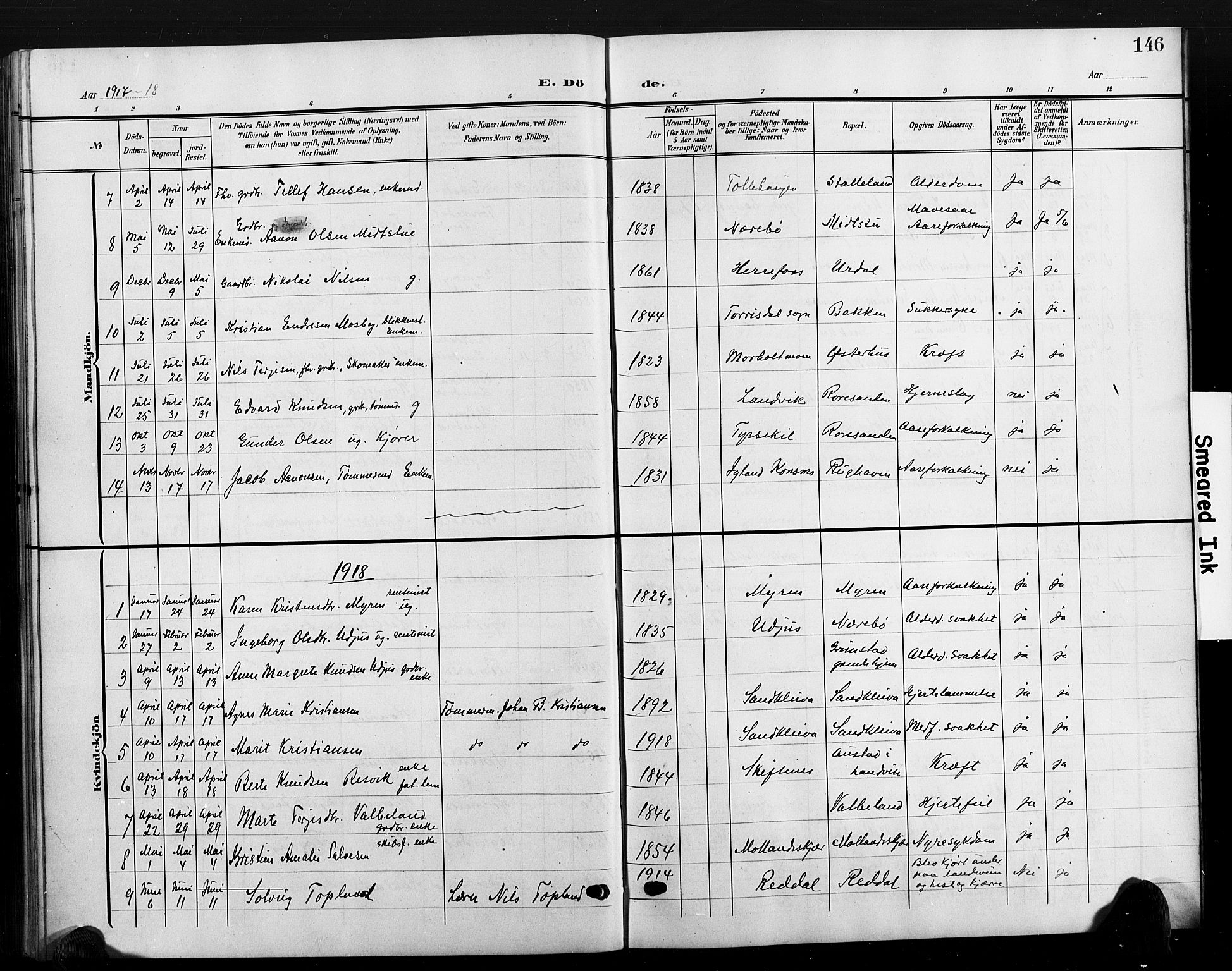 Hommedal sokneprestkontor, AV/SAK-1111-0023/F/Fb/Fbb/L0008: Parish register (copy) no. B 8, 1905-1929, p. 146