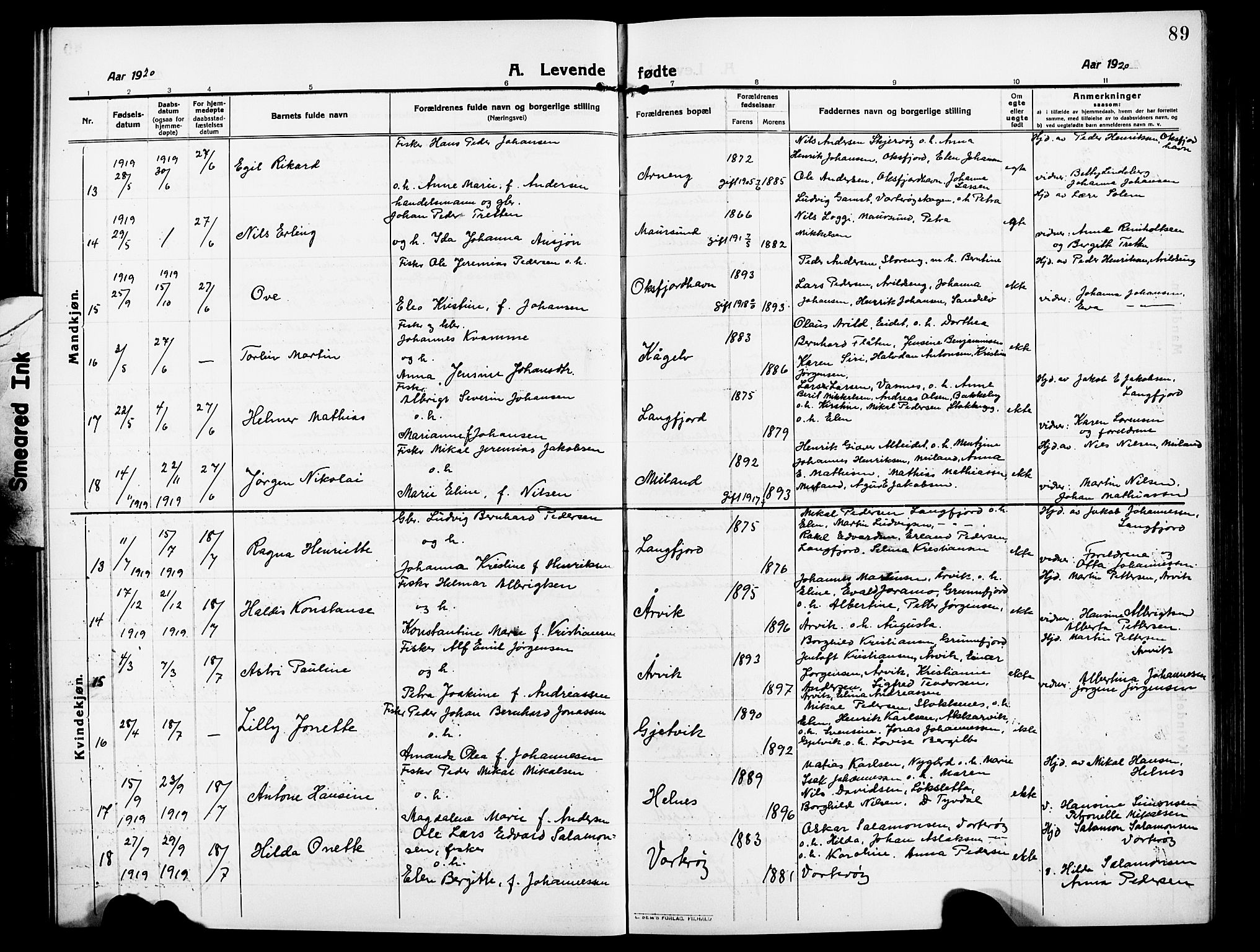 Skjervøy sokneprestkontor, AV/SATØ-S-1300/H/Ha/Hab/L0009klokker: Parish register (copy) no. 9, 1911-1926, p. 89