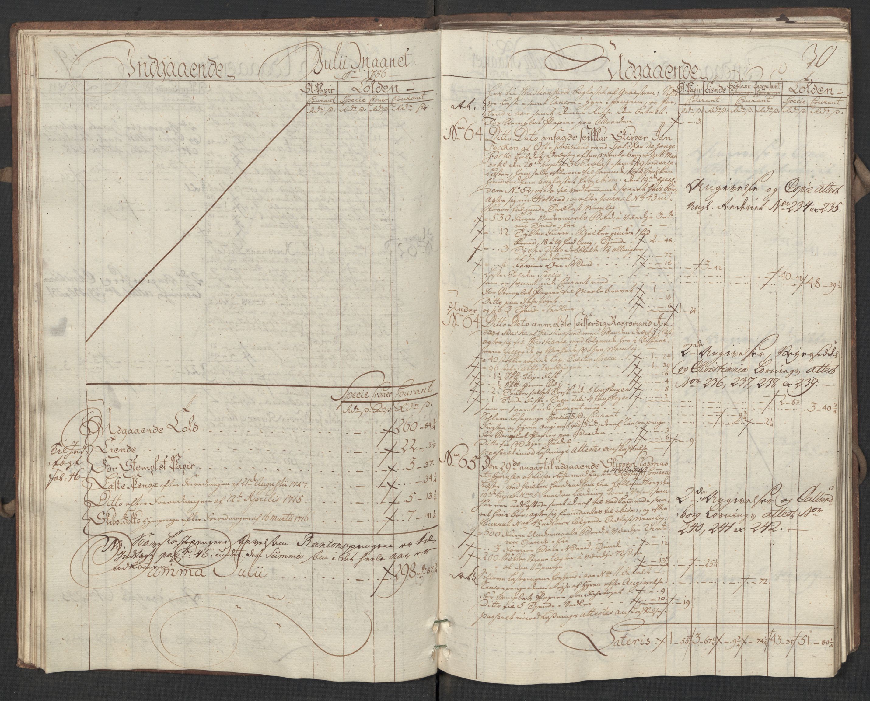 Generaltollkammeret, tollregnskaper, RA/EA-5490/R17/L0017/0002: Tollregnskaper Mandal / Utgående hovedtollbok, 1756, p. 29b-30a