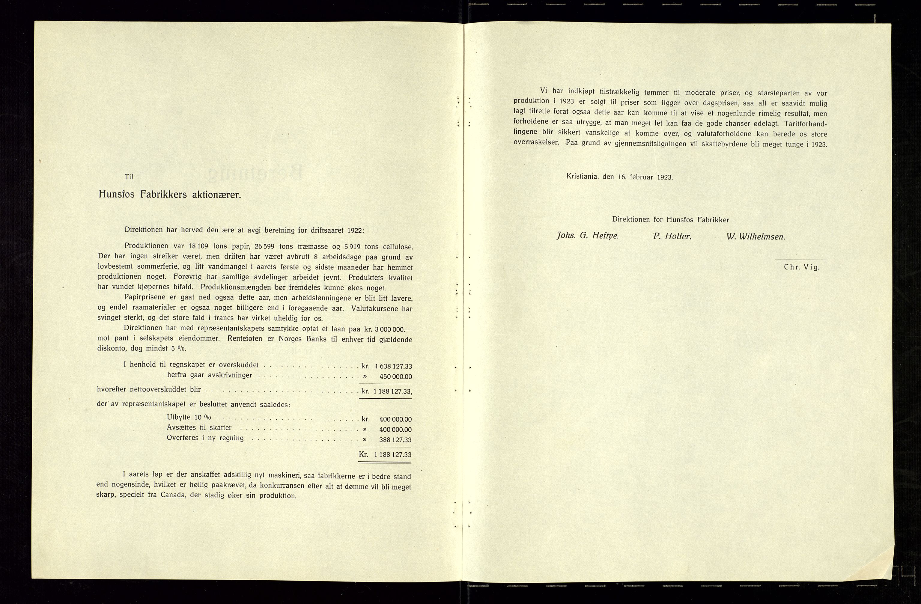 Hunsfos fabrikker, AV/SAK-D/1440/01/L0001/0003: Vedtekter, anmeldelser og årsberetninger / Årsberetninger og regnskap, 1918-1989, p. 22