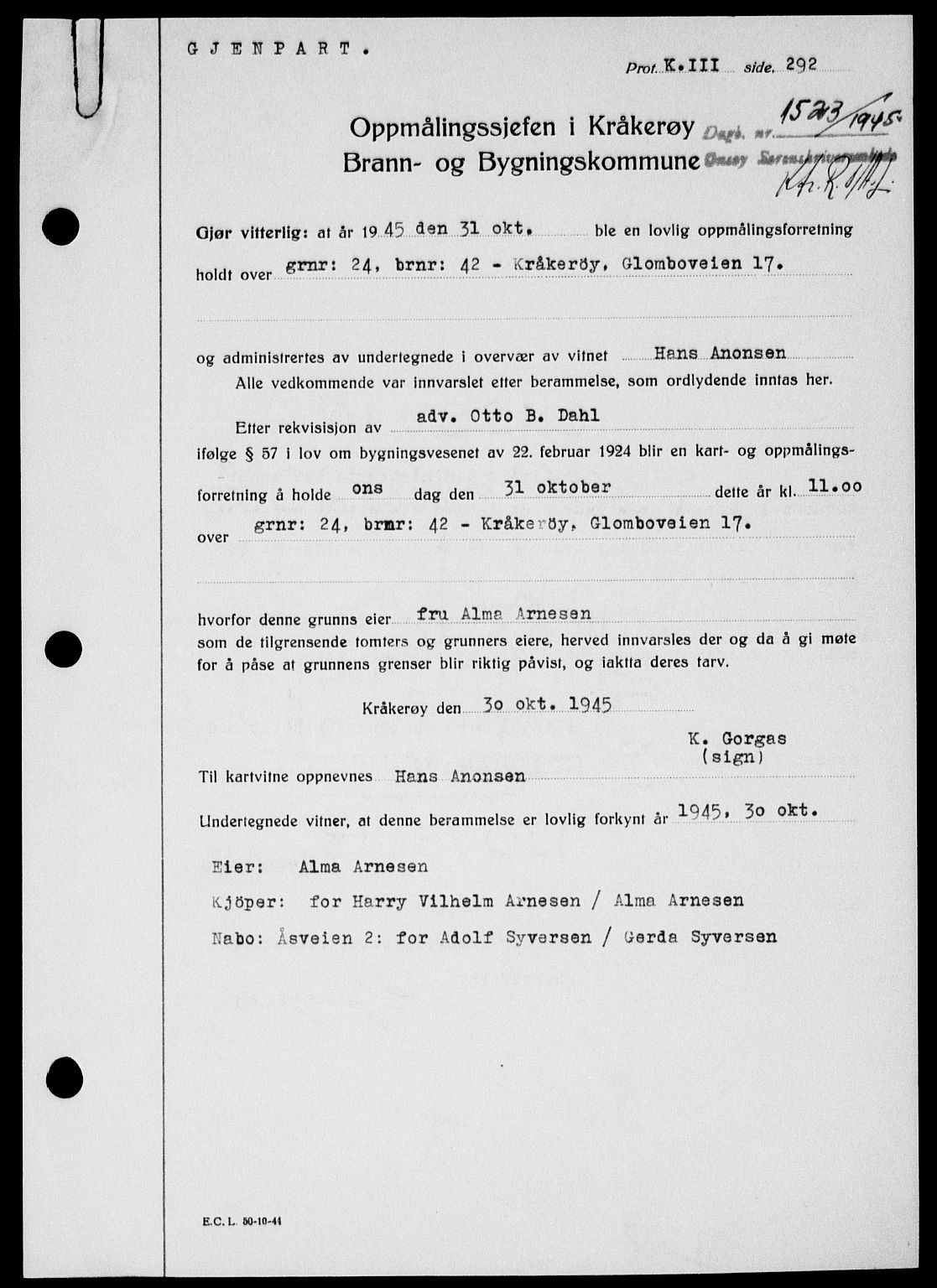 Onsøy sorenskriveri, SAO/A-10474/G/Ga/Gab/L0015: Mortgage book no. II A-15, 1945-1946, Diary no: : 1523/1945