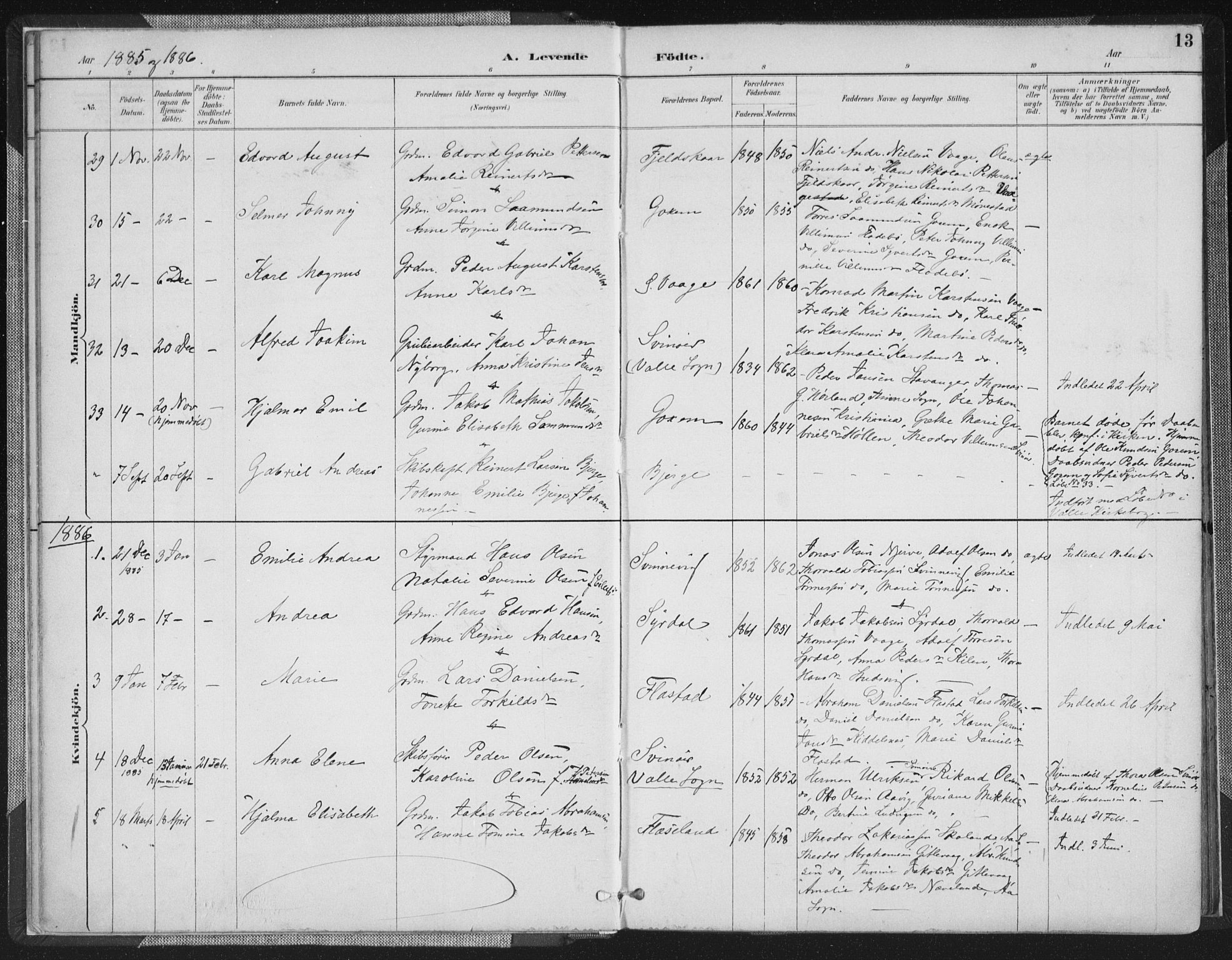 Sør-Audnedal sokneprestkontor, SAK/1111-0039/F/Fa/Faa/L0004: Parish register (official) no. A 4, 1884-1909, p. 13