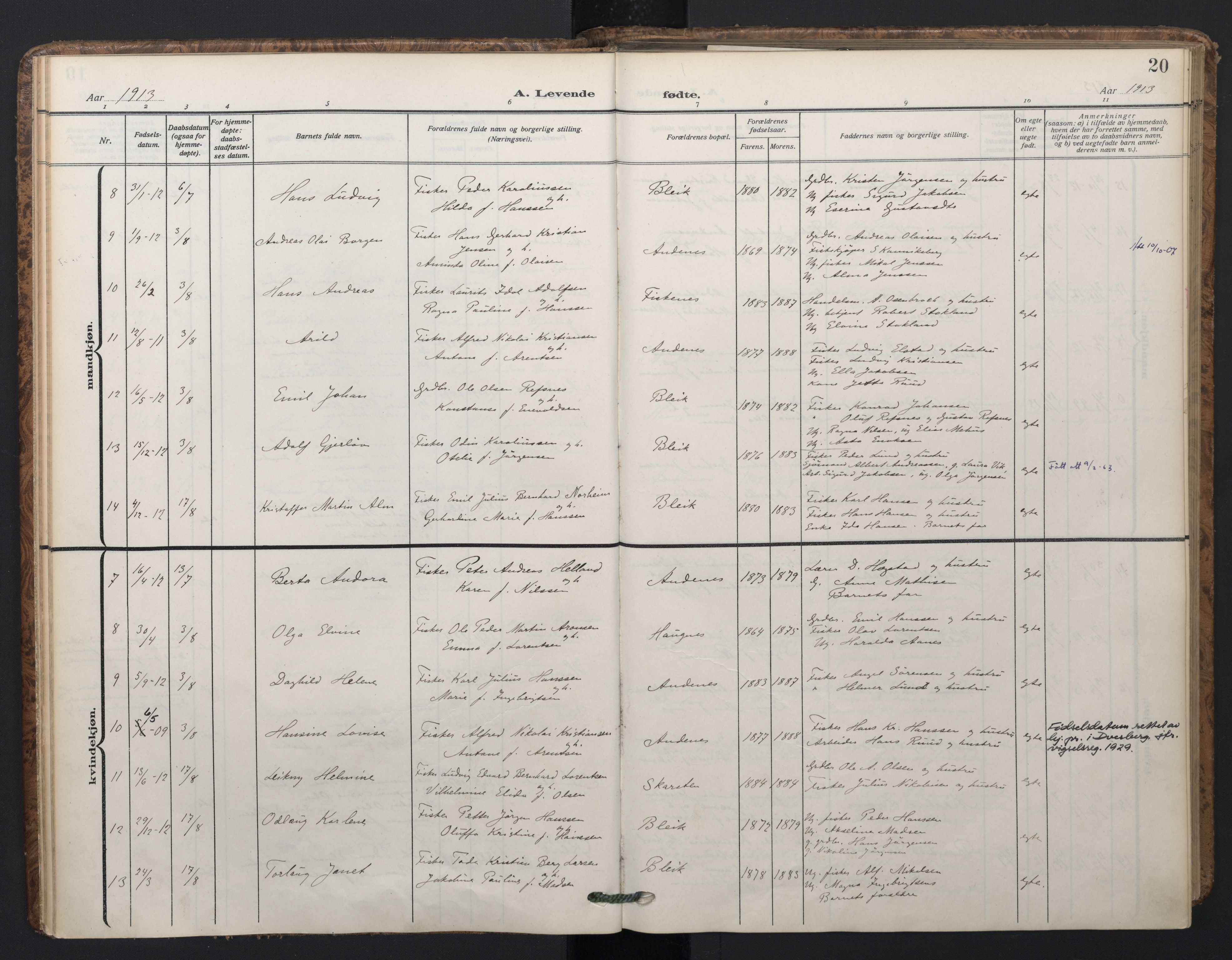 Ministerialprotokoller, klokkerbøker og fødselsregistre - Nordland, AV/SAT-A-1459/899/L1438: Parish register (official) no. 899A06, 1909-1922, p. 20