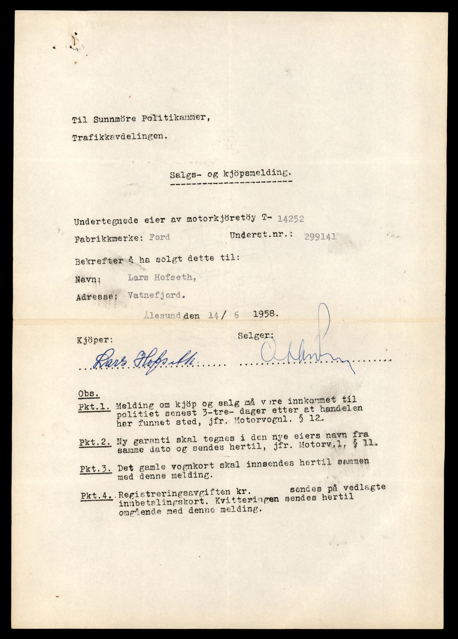 Møre og Romsdal vegkontor - Ålesund trafikkstasjon, AV/SAT-A-4099/F/Fe/L0044: Registreringskort for kjøretøy T 14205 - T 14319, 1927-1998, p. 1422