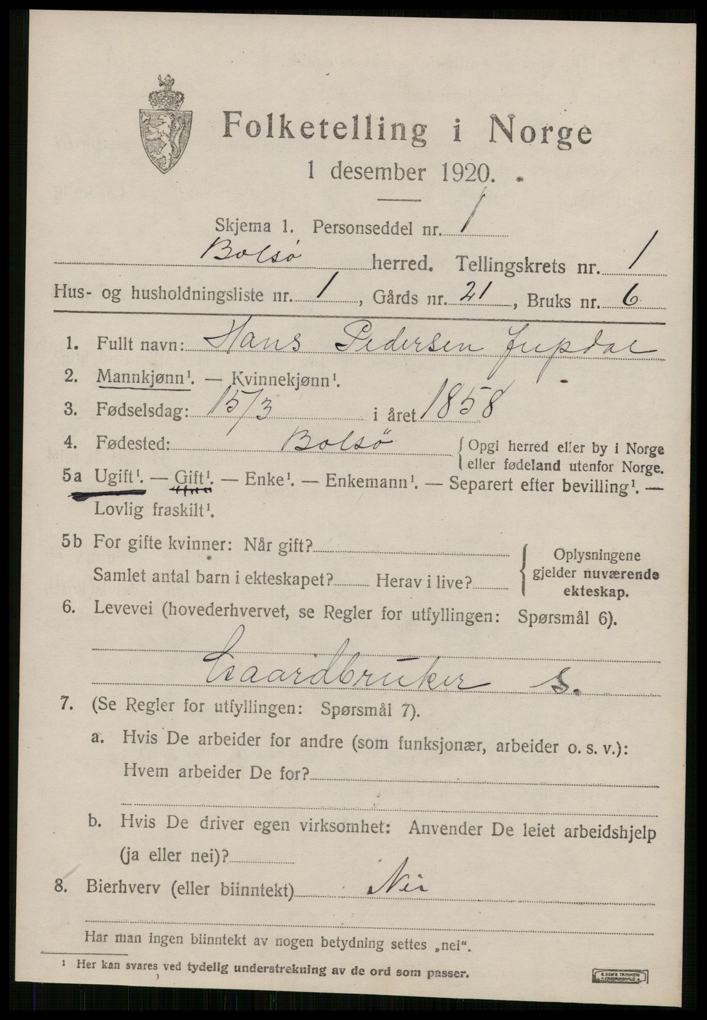 SAT, 1920 census for Bolsøy, 1920, p. 1615