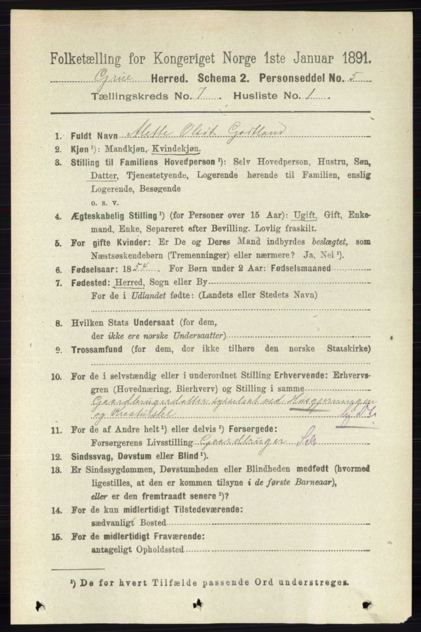 RA, 1891 census for 0423 Grue, 1891, p. 3571