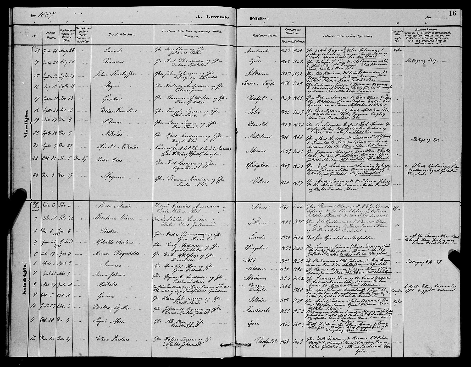 Manger sokneprestembete, AV/SAB-A-76801/H/Hab: Parish register (copy) no. D 2, 1883-1894, p. 16