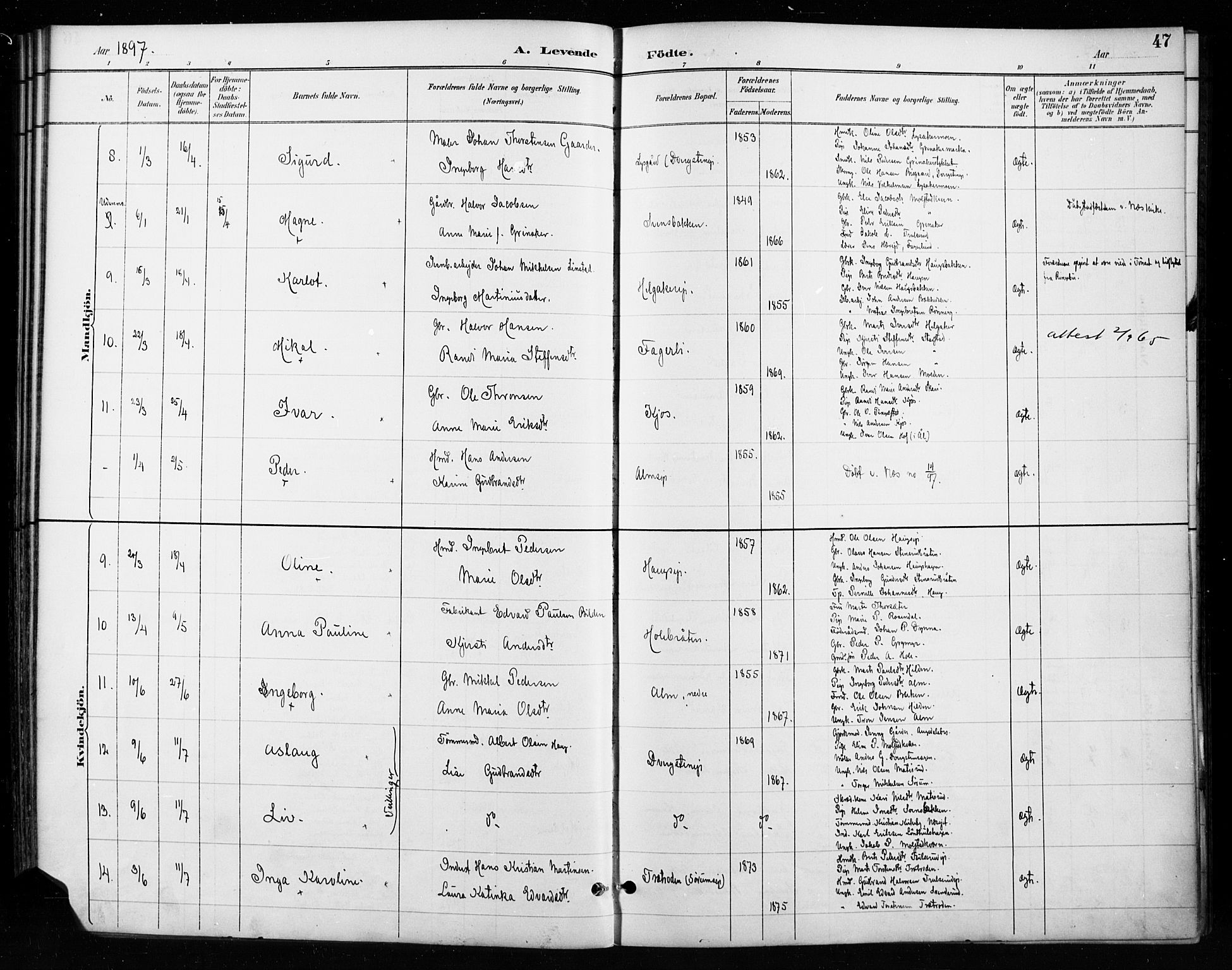 Gran prestekontor, AV/SAH-PREST-112/H/Ha/Haa/L0018: Parish register (official) no. 18, 1889-1899, p. 47