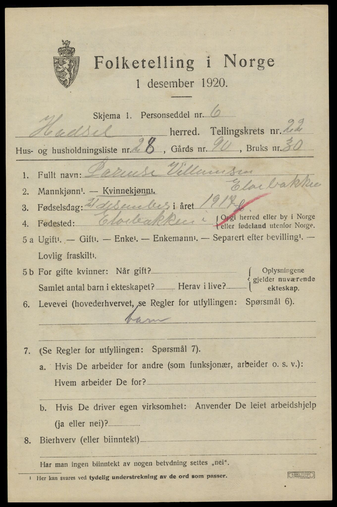 SAT, 1920 census for Hadsel, 1920, p. 20284