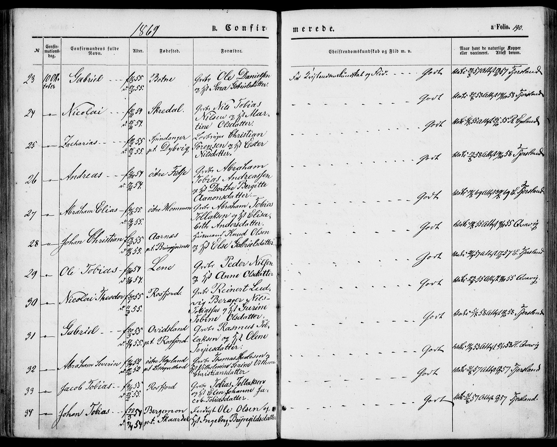 Lyngdal sokneprestkontor, AV/SAK-1111-0029/F/Fa/Fac/L0010: Parish register (official) no. A 10, 1865-1878, p. 190