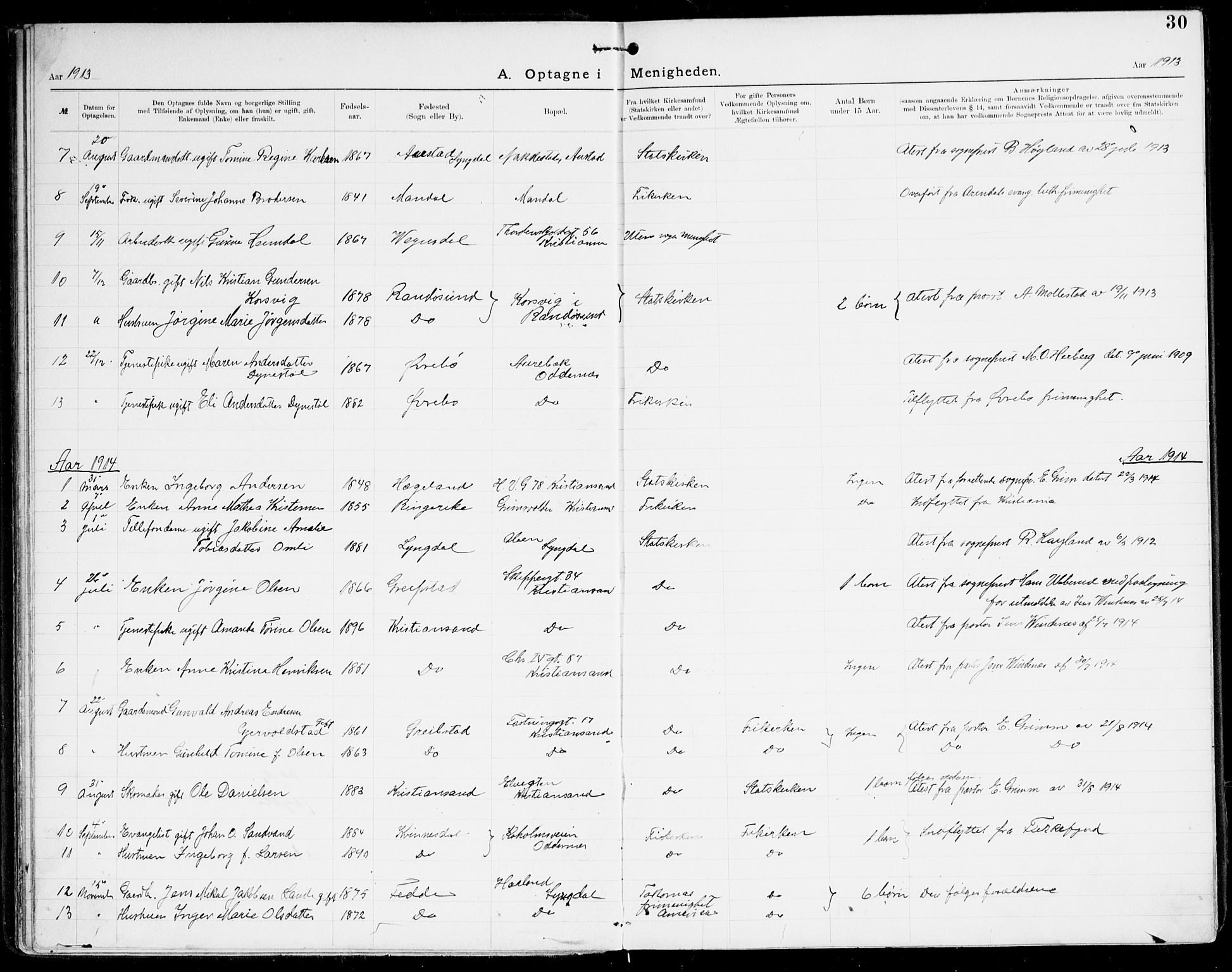 Den evangelisk-lutherske frikirke, Kristiansand, SAK/1292-0017/F/Fa/L0003: Dissenter register no. F 11, 1892-1925, p. 30