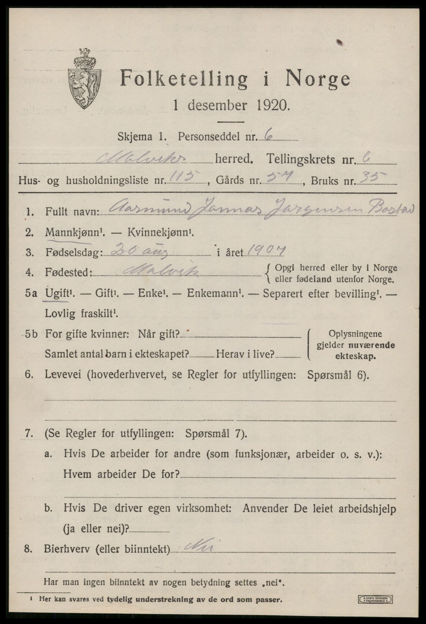 SAT, 1920 census for Malvik, 1920, p. 7212