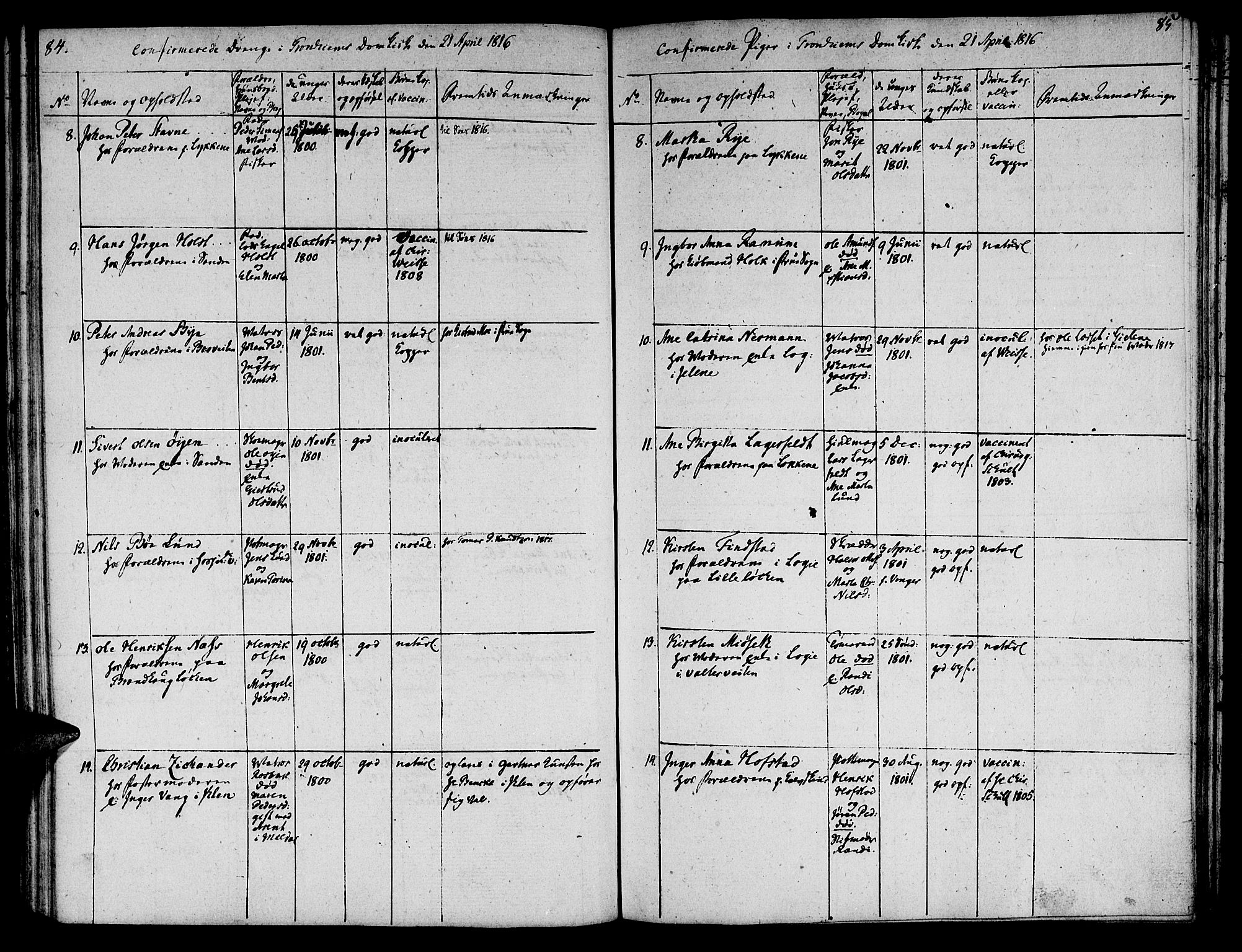 Ministerialprotokoller, klokkerbøker og fødselsregistre - Sør-Trøndelag, SAT/A-1456/601/L0069: Curate's parish register no. 601B02, 1807-1836, p. 84-85