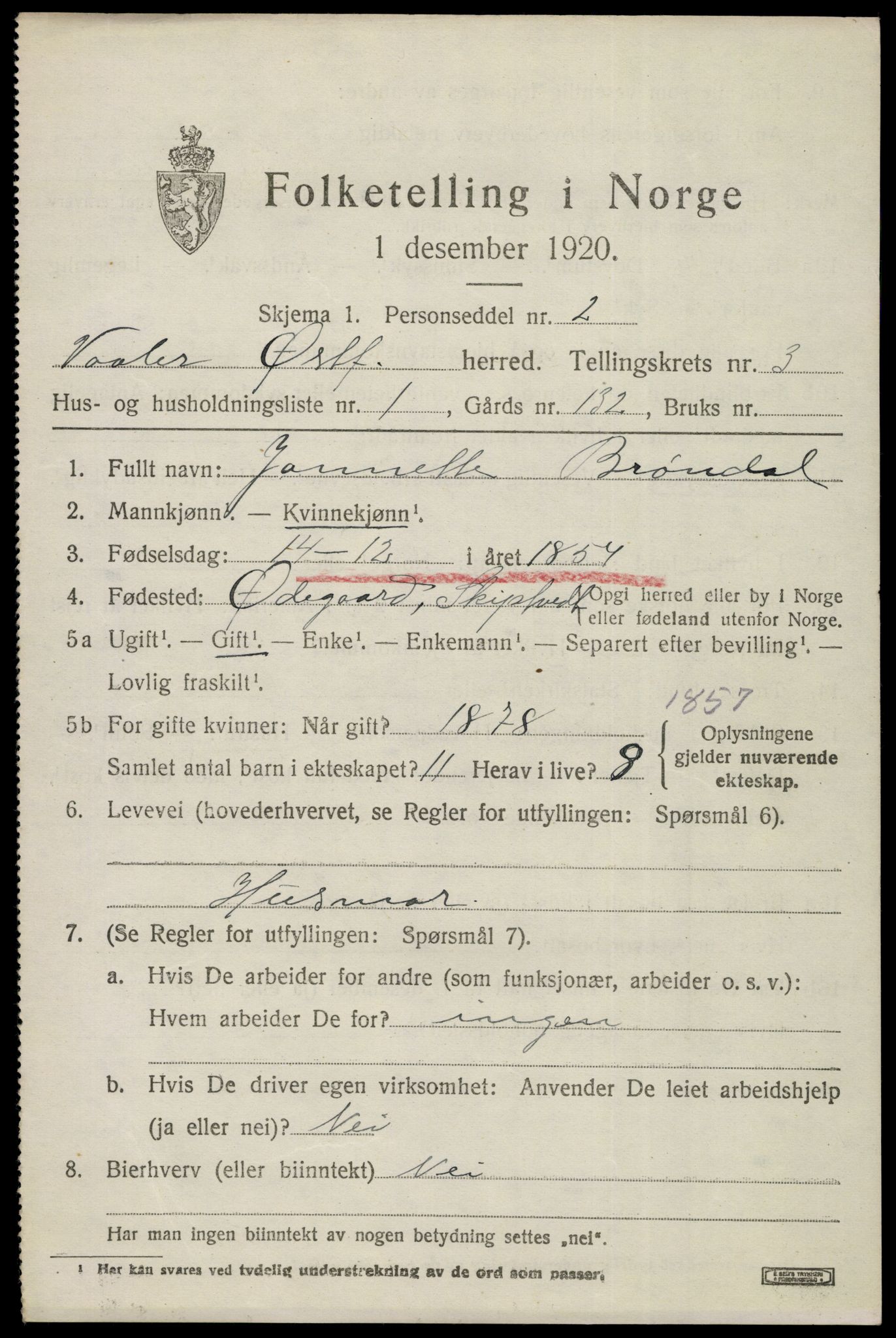 SAO, 1920 census for Våler, 1920, p. 2054