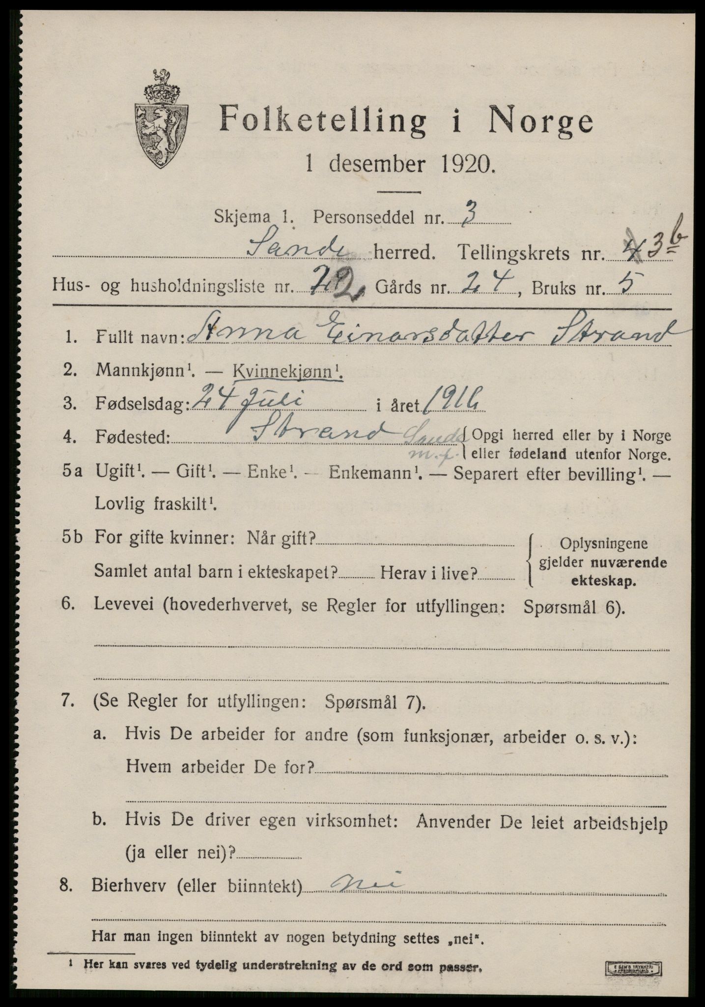 SAT, 1920 census for Sande (MR), 1920, p. 2954