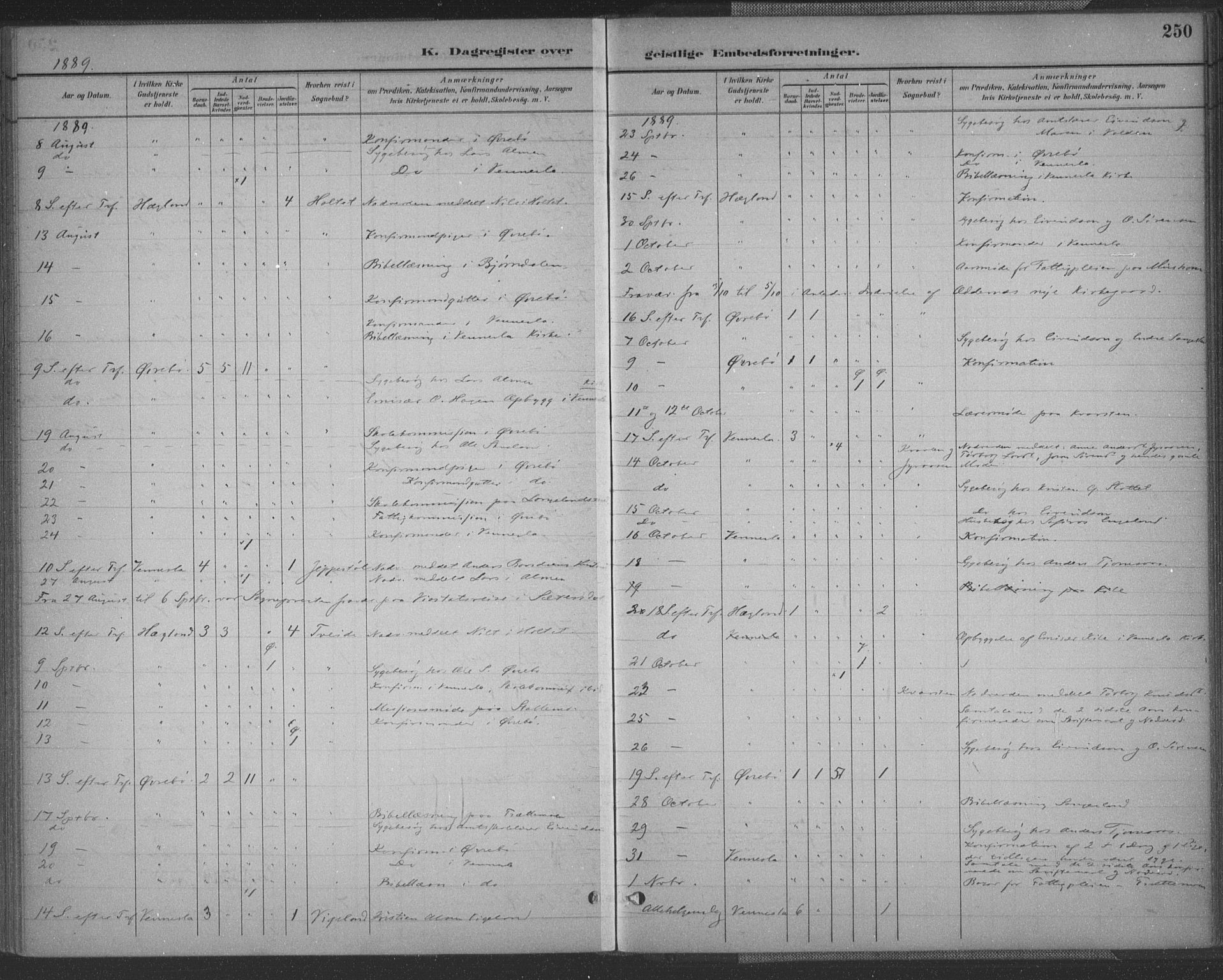 Vennesla sokneprestkontor, SAK/1111-0045/Fa/Fac/L0009: Parish register (official) no. A 9, 1884-1901, p. 250
