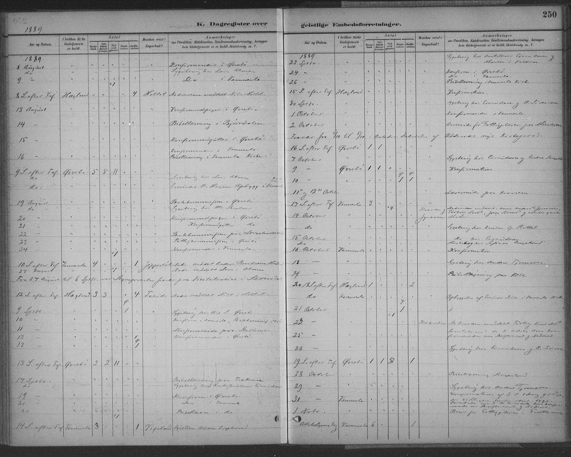 Vennesla sokneprestkontor, AV/SAK-1111-0045/Fa/Fac/L0009: Parish register (official) no. A 9, 1884-1901, p. 250