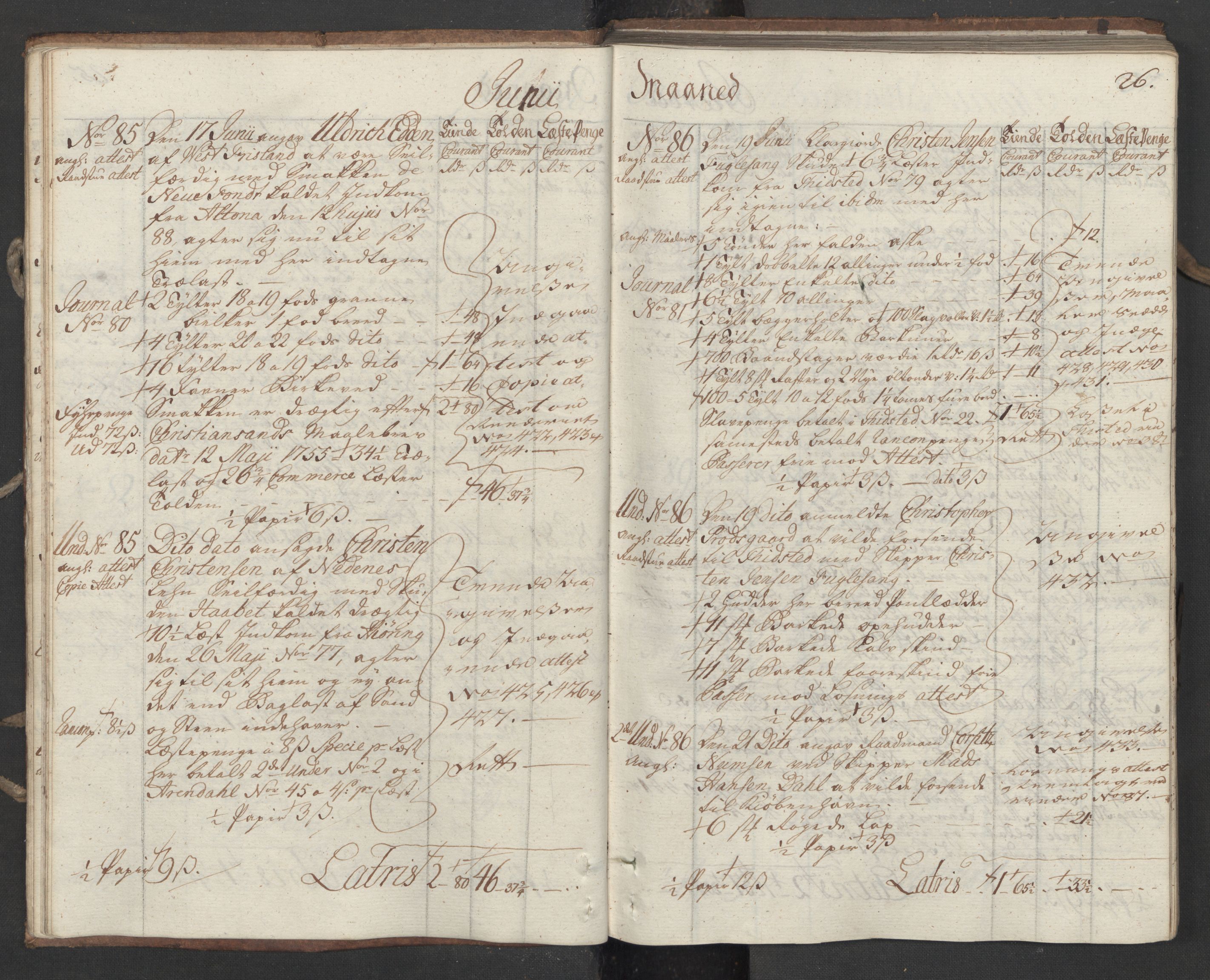 Generaltollkammeret, tollregnskaper, AV/RA-EA-5490/R16/L0034/0001: Tollregnskaper Kristiansand / Utgående hovedtollbok, 1756, p. 25b-26a